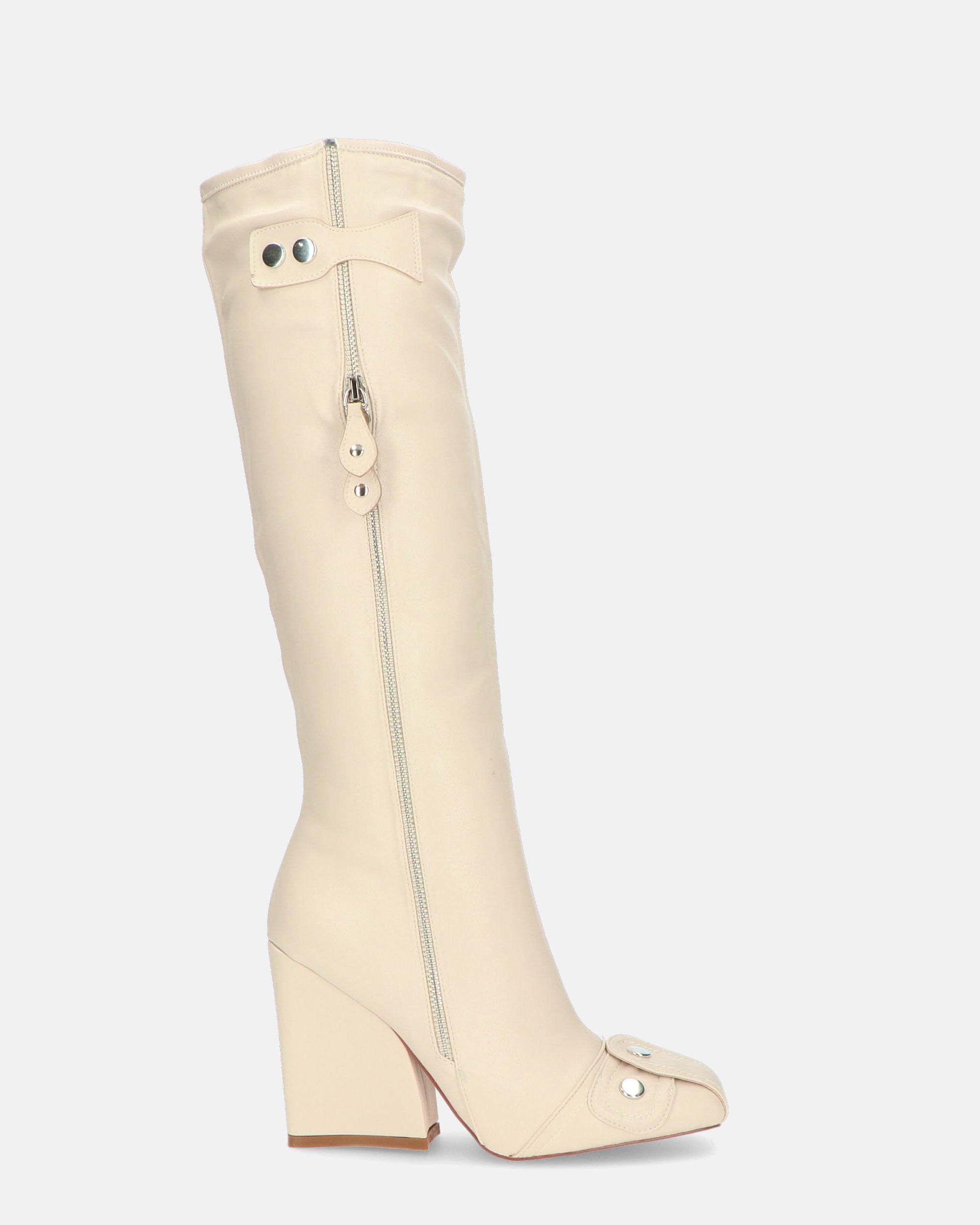 DEVA - Beige Tall Boots with Zippers and Block Heel