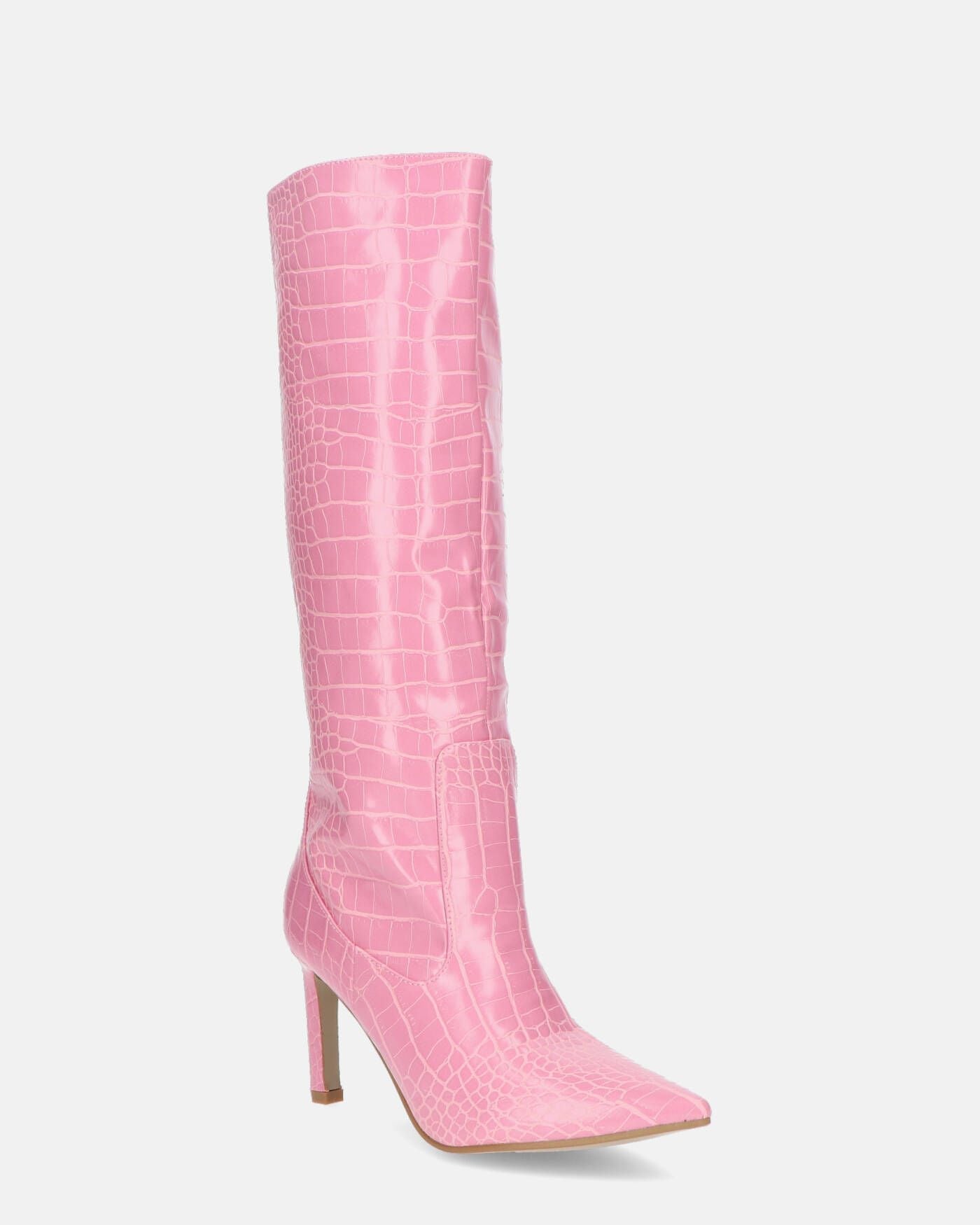 CAROLINE - Tall Heeled Boots in Pink Crocodile Effect