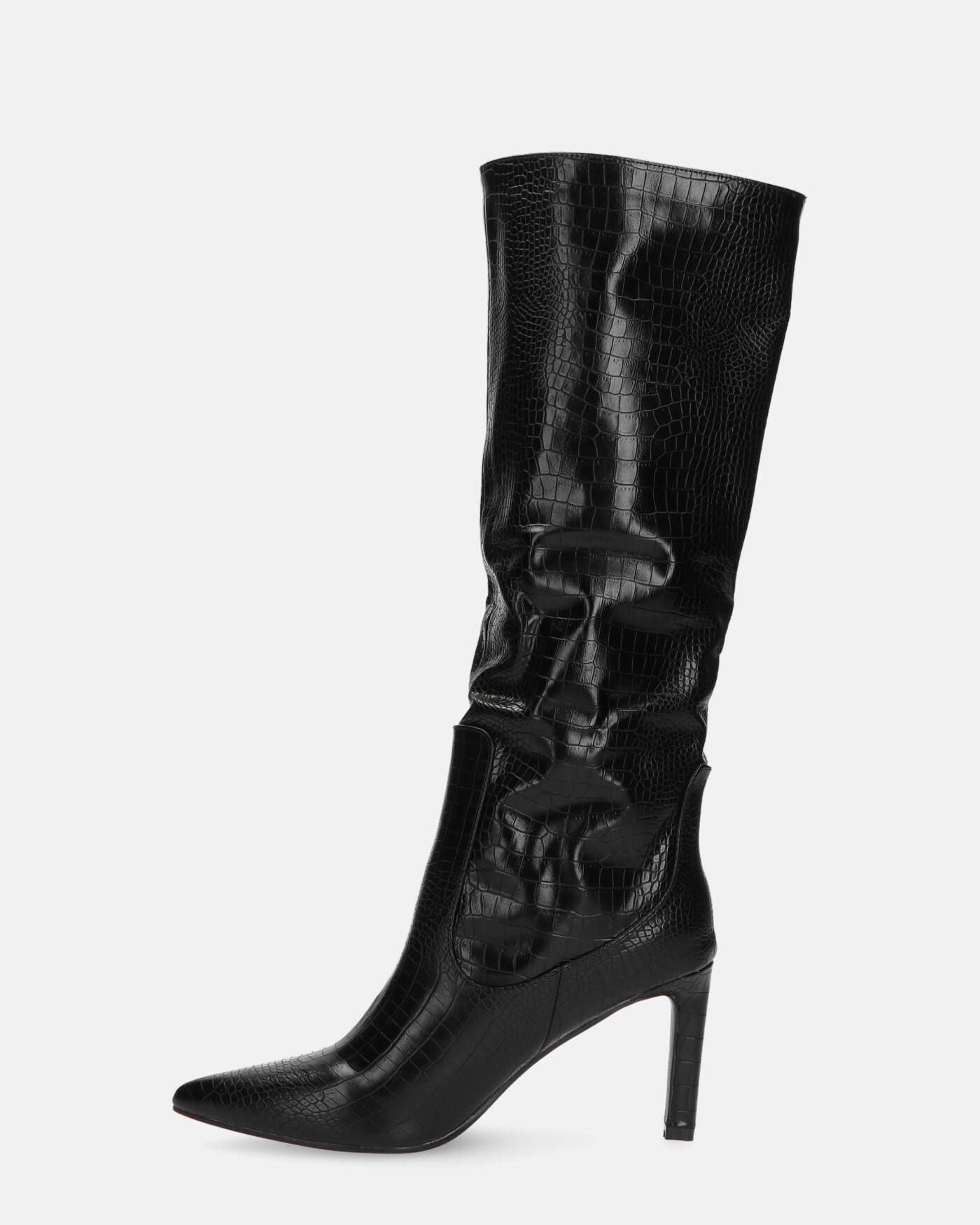 CAROLINE - black snakeskin-effect high-heeled knee-high boot