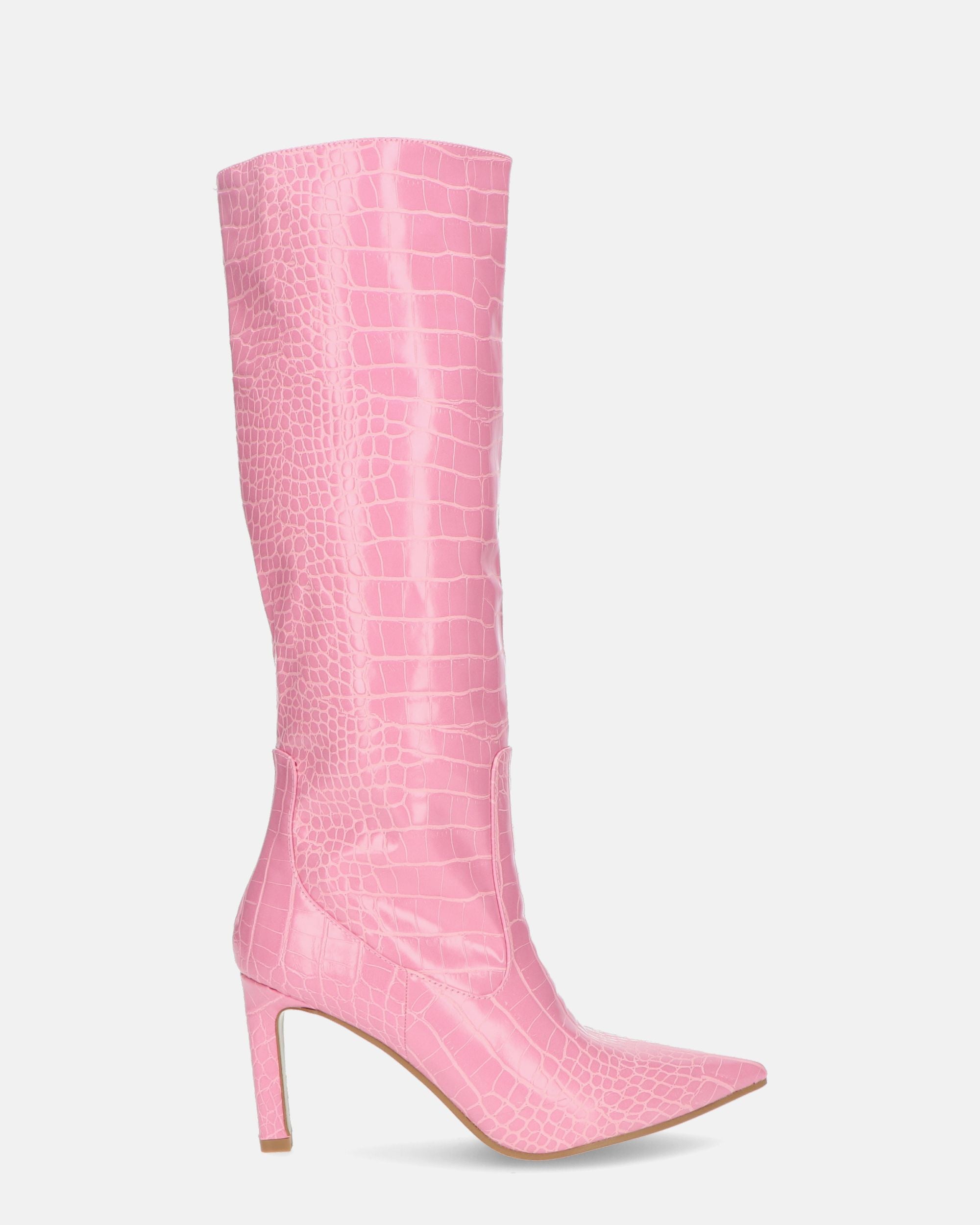 CAROLINE - Tall Heeled Boots in Pink Crocodile Effect