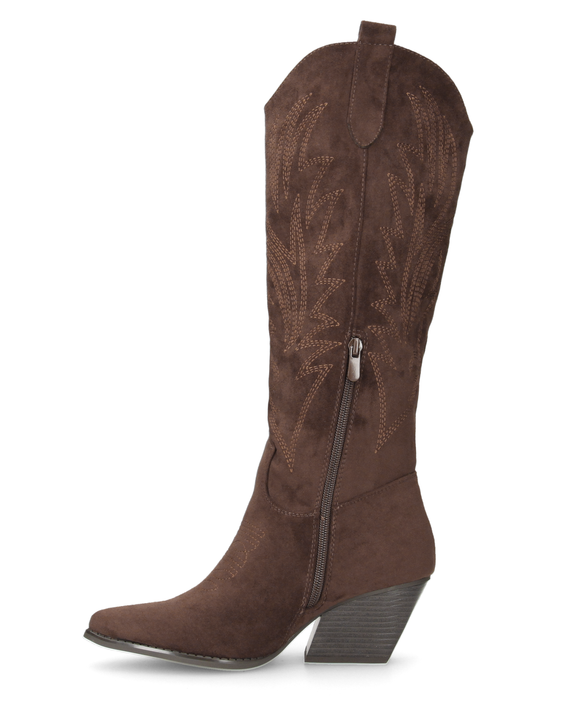 CHRYSA - tall brown Western boots with embroidered designs and zip closure
