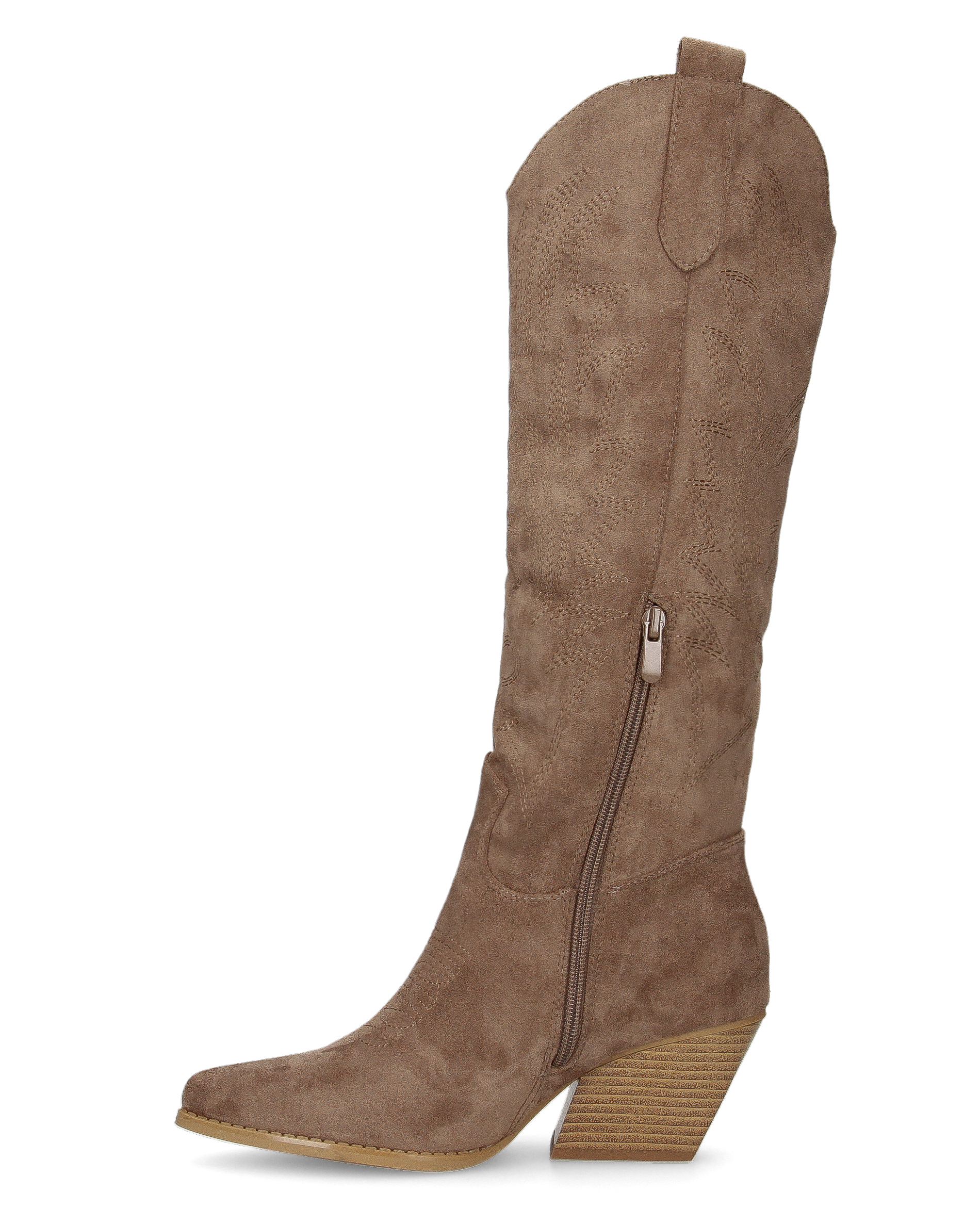 CHRYSA - tall khaki Western boots with embroidered designs and zip closure