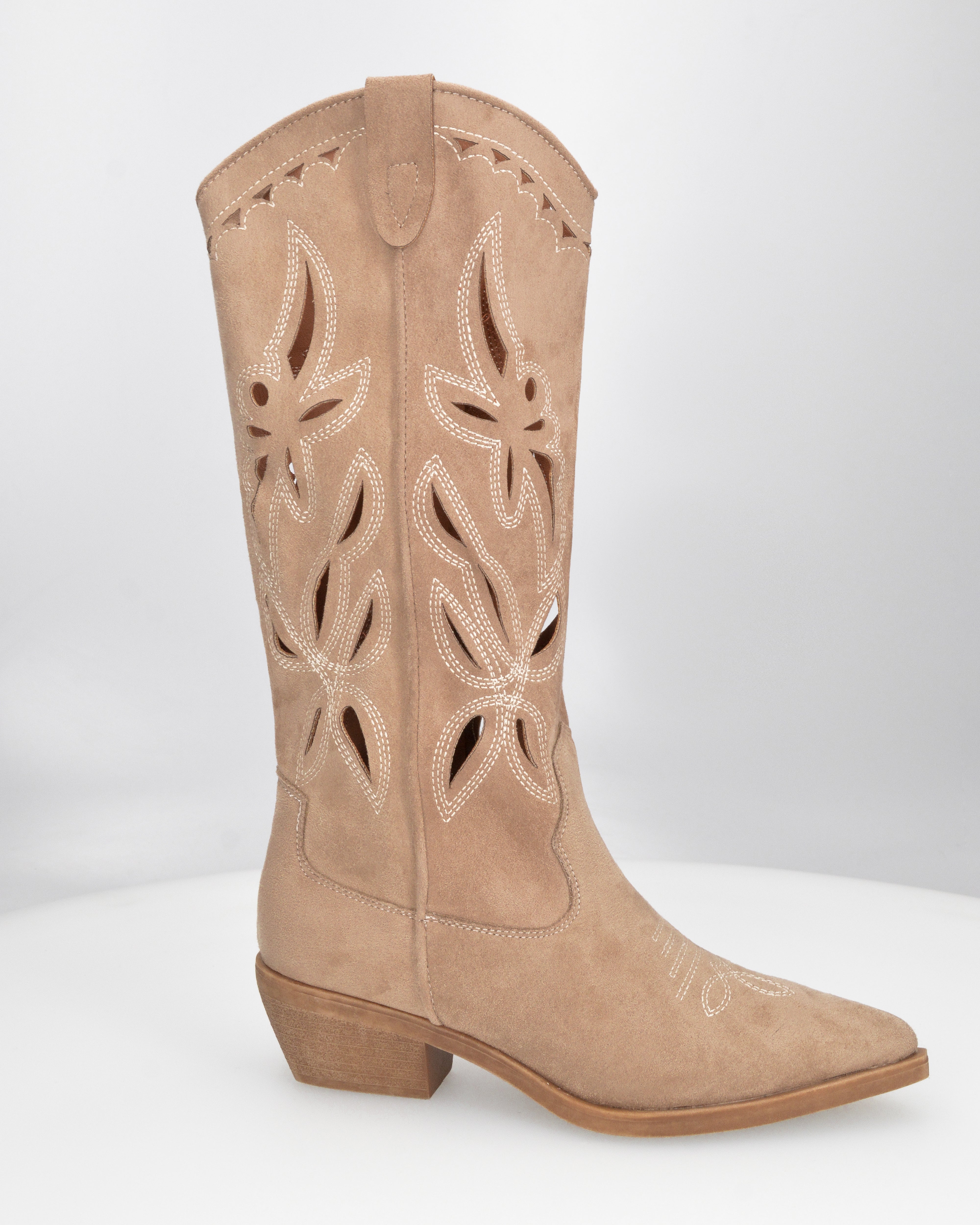 RISA - beige tall suede-effect Western boots with embroidery and laser-cut detailing