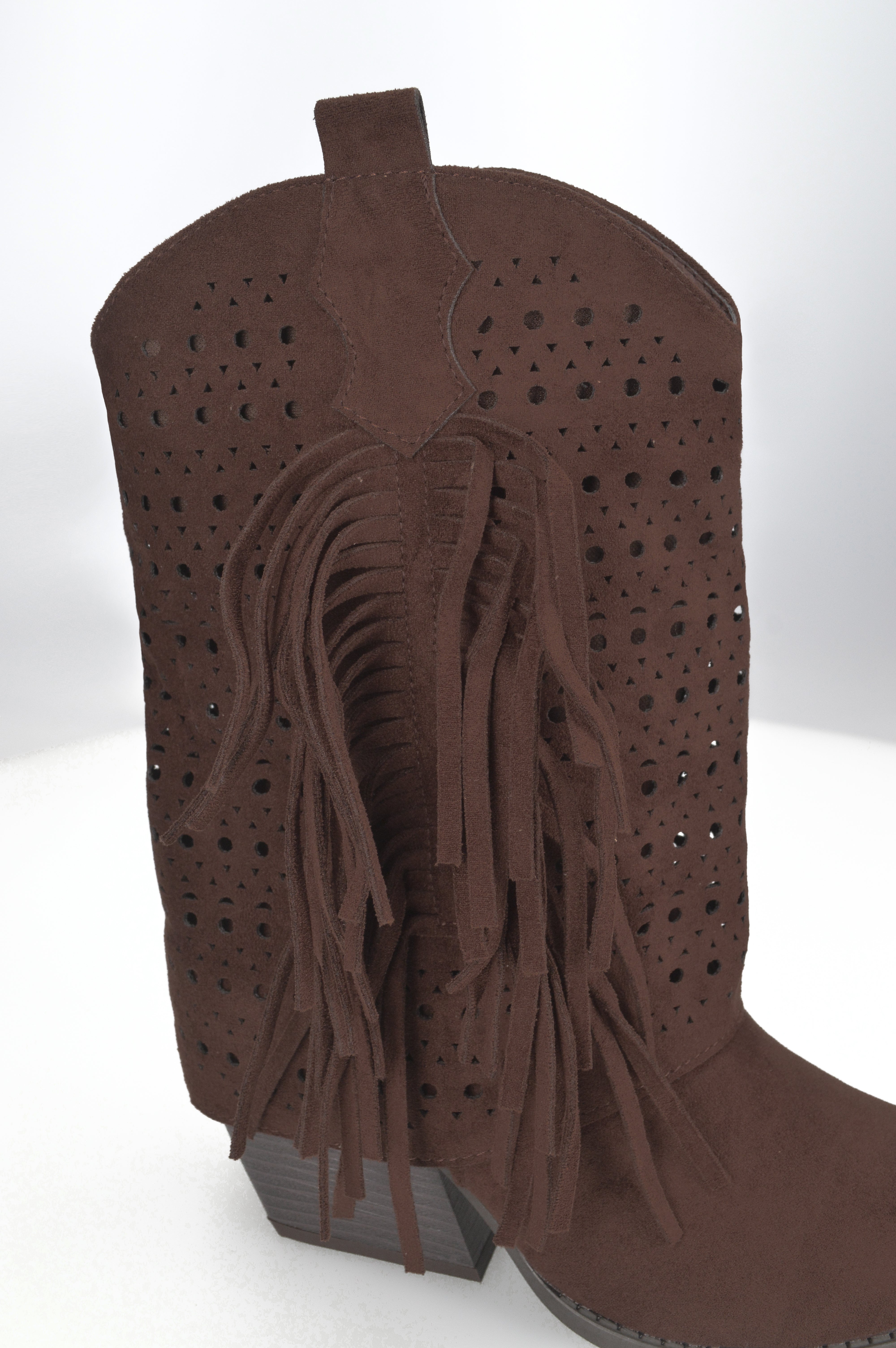 BLAIR - brown mid-calf Western boots with side fringe