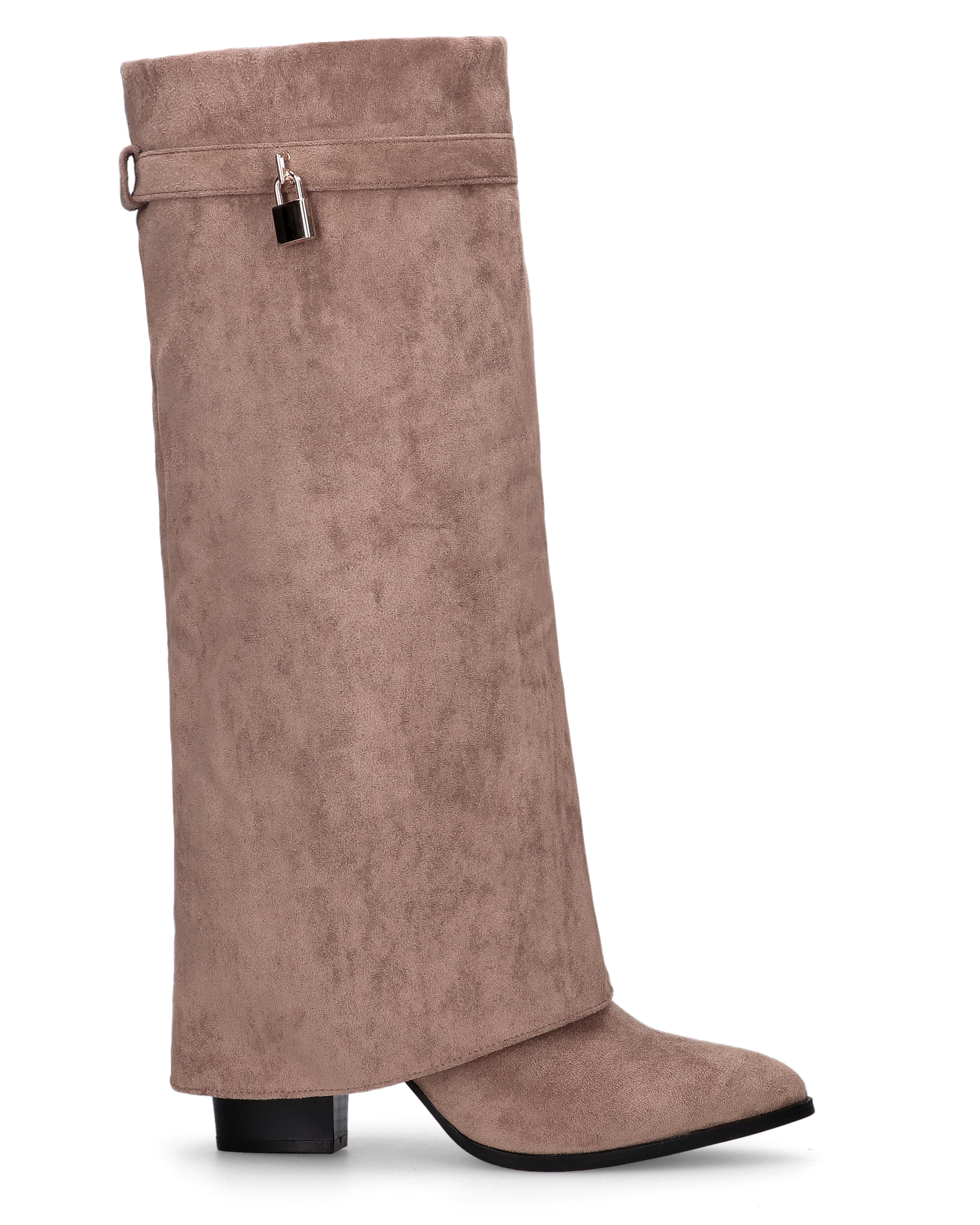 DHARA - beige knee-high boot with fold-over cuff and mini gold padlock