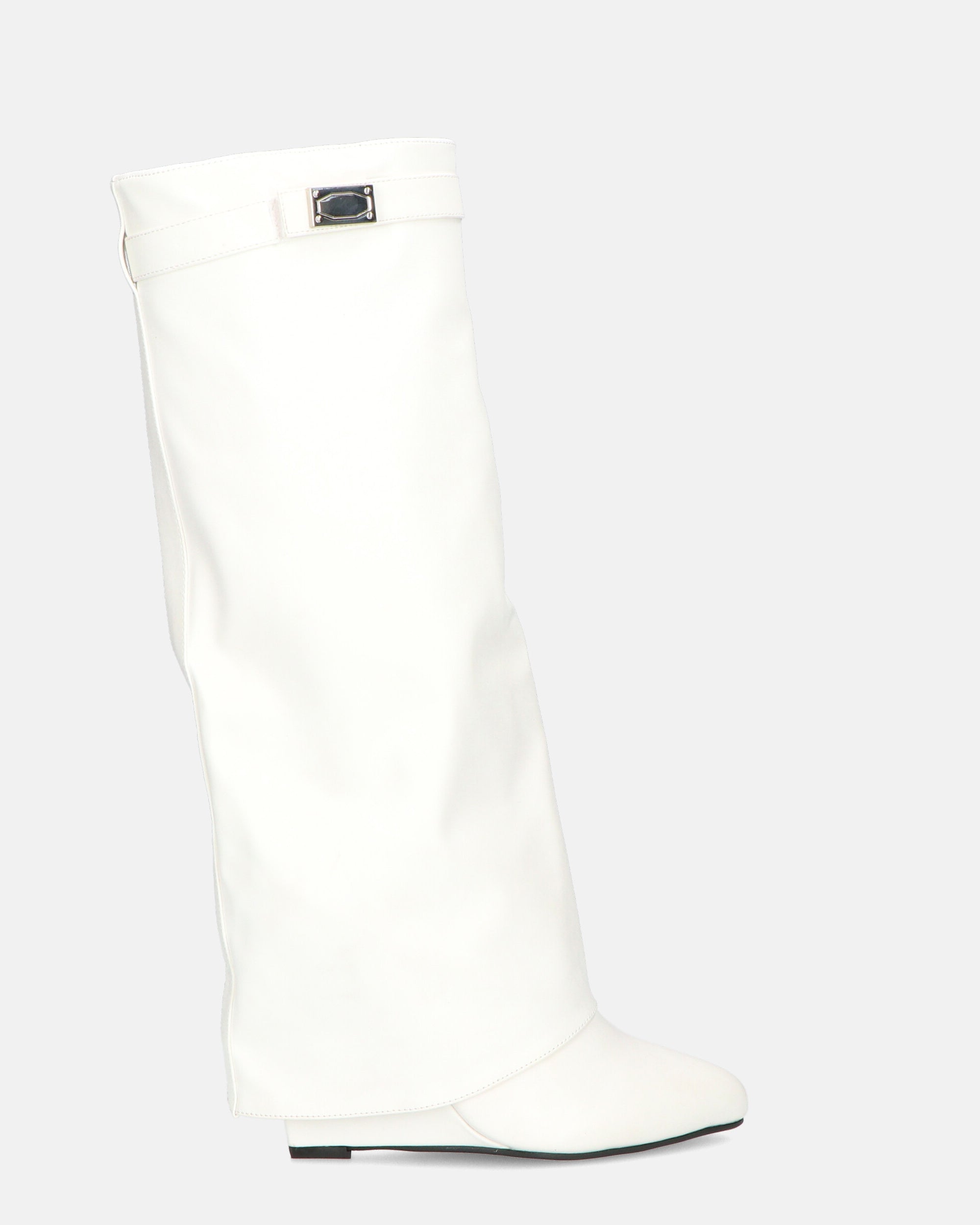 FLAVIA - White Tall Boots with Fold-Over Cuff and Zipper