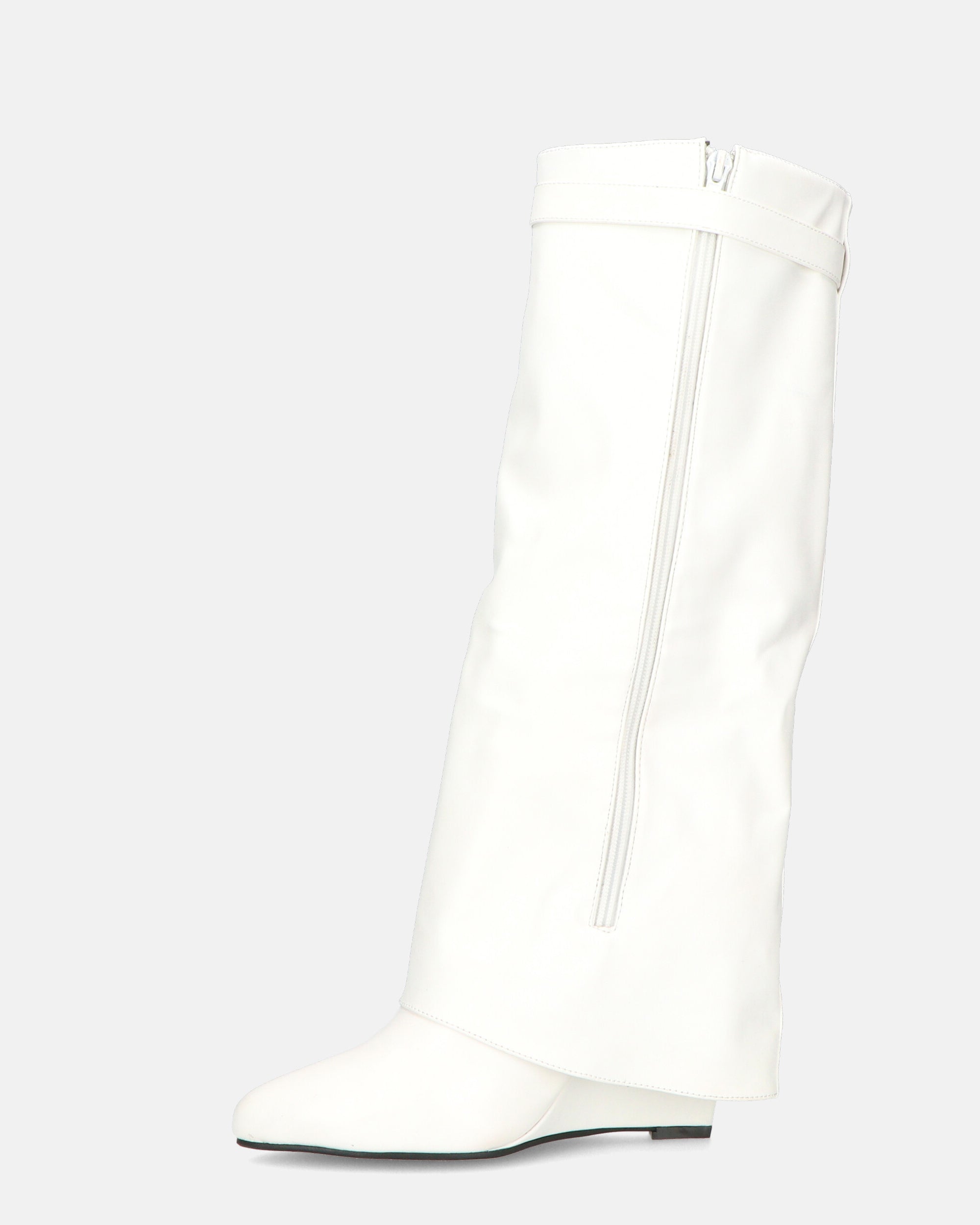 FLAVIA - White Tall Boots with Fold-Over Cuff and Zipper