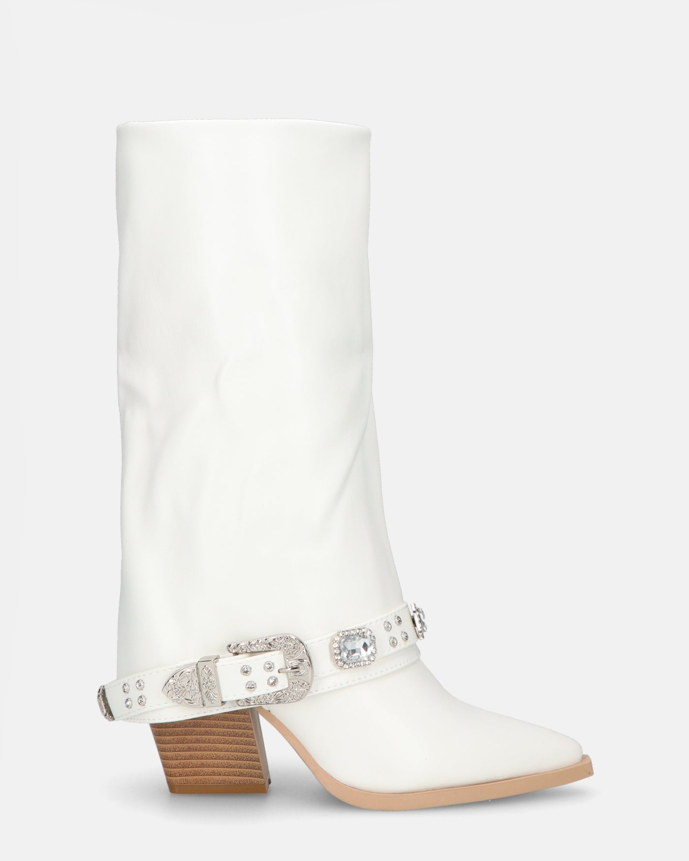 GUNN - White Boots with Fold-Over Cuff and Jeweled Strap