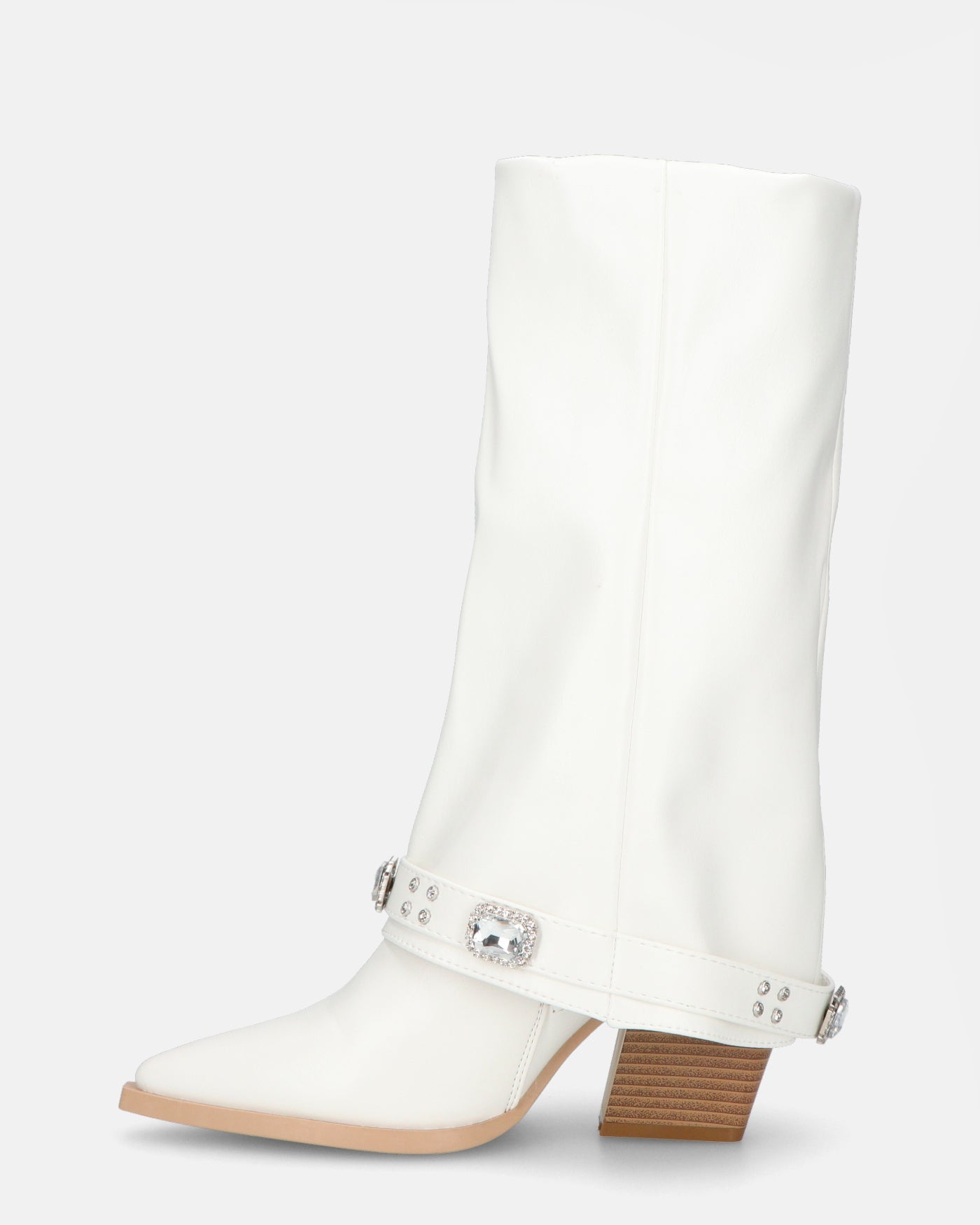 GUNN - White Boots with Fold-Over Cuff and Jeweled Strap