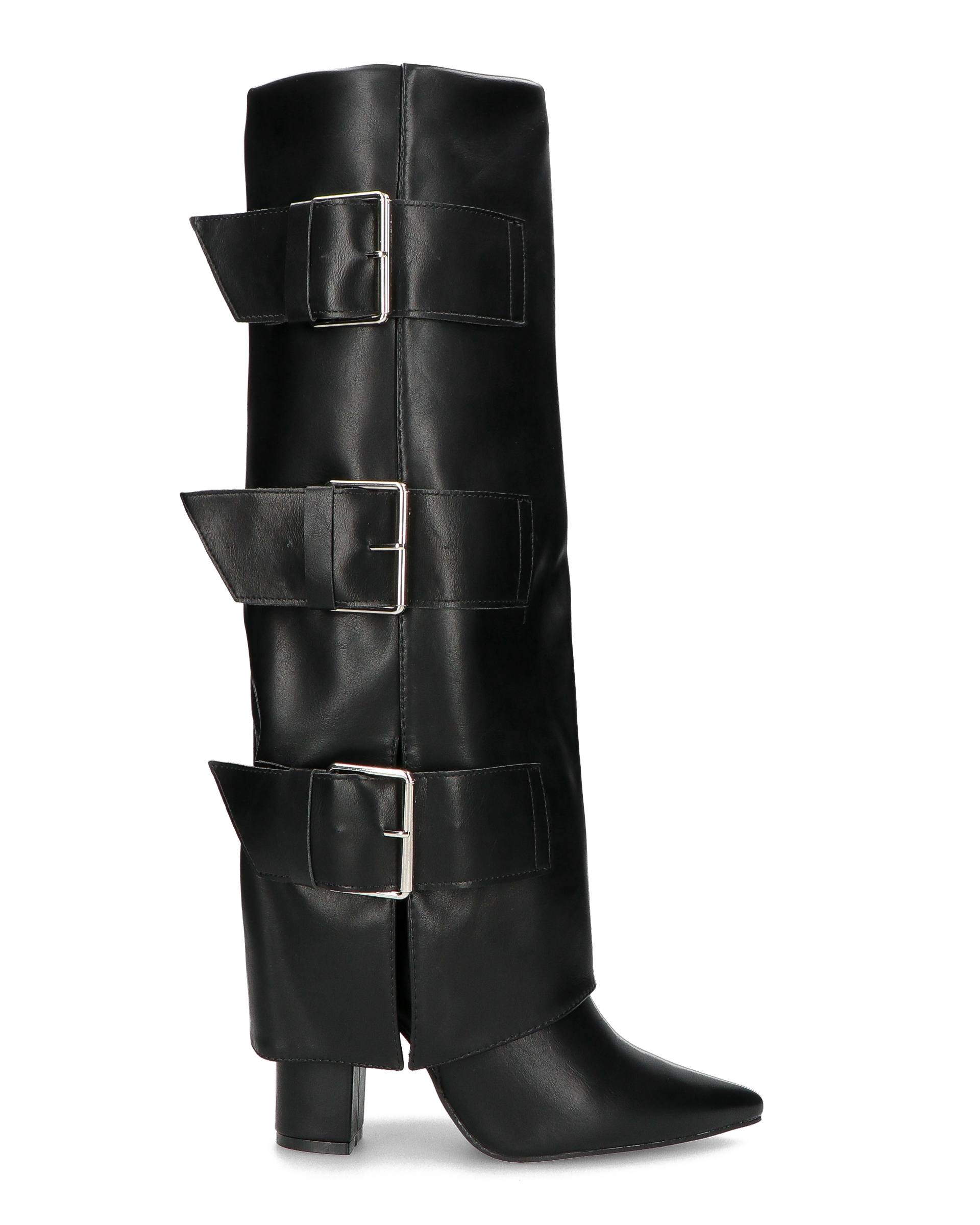 ISABELL - black knee-high boots with turn-down cuff and side belts