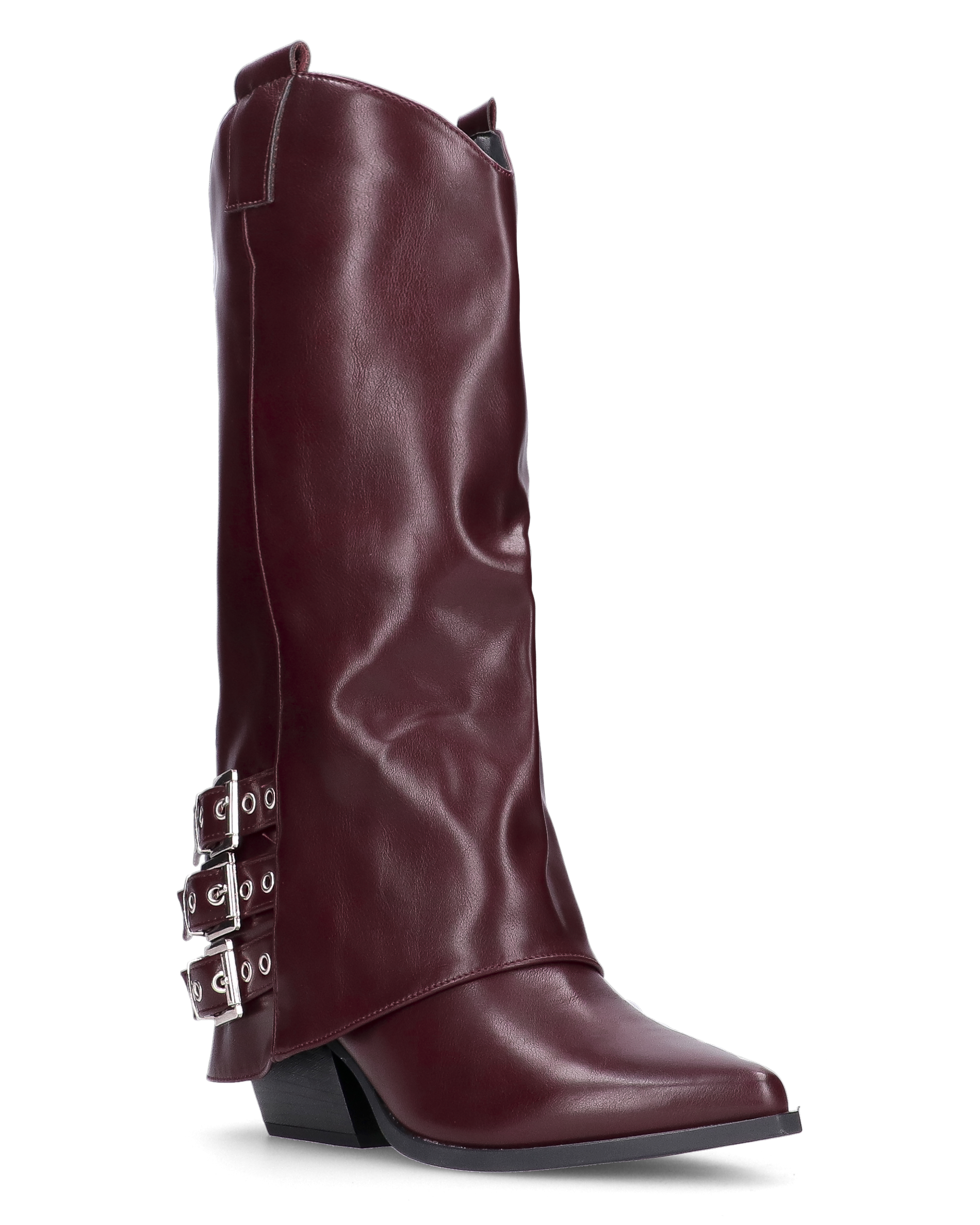 JAMY - Burgundy Pointed Boots with Cuff and Adjustable Straps
