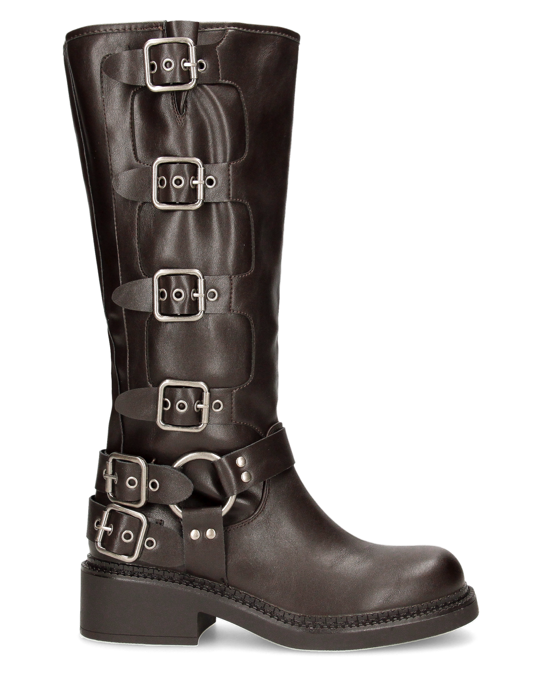 KIRA - dark brown tall boots with straps and metallic details