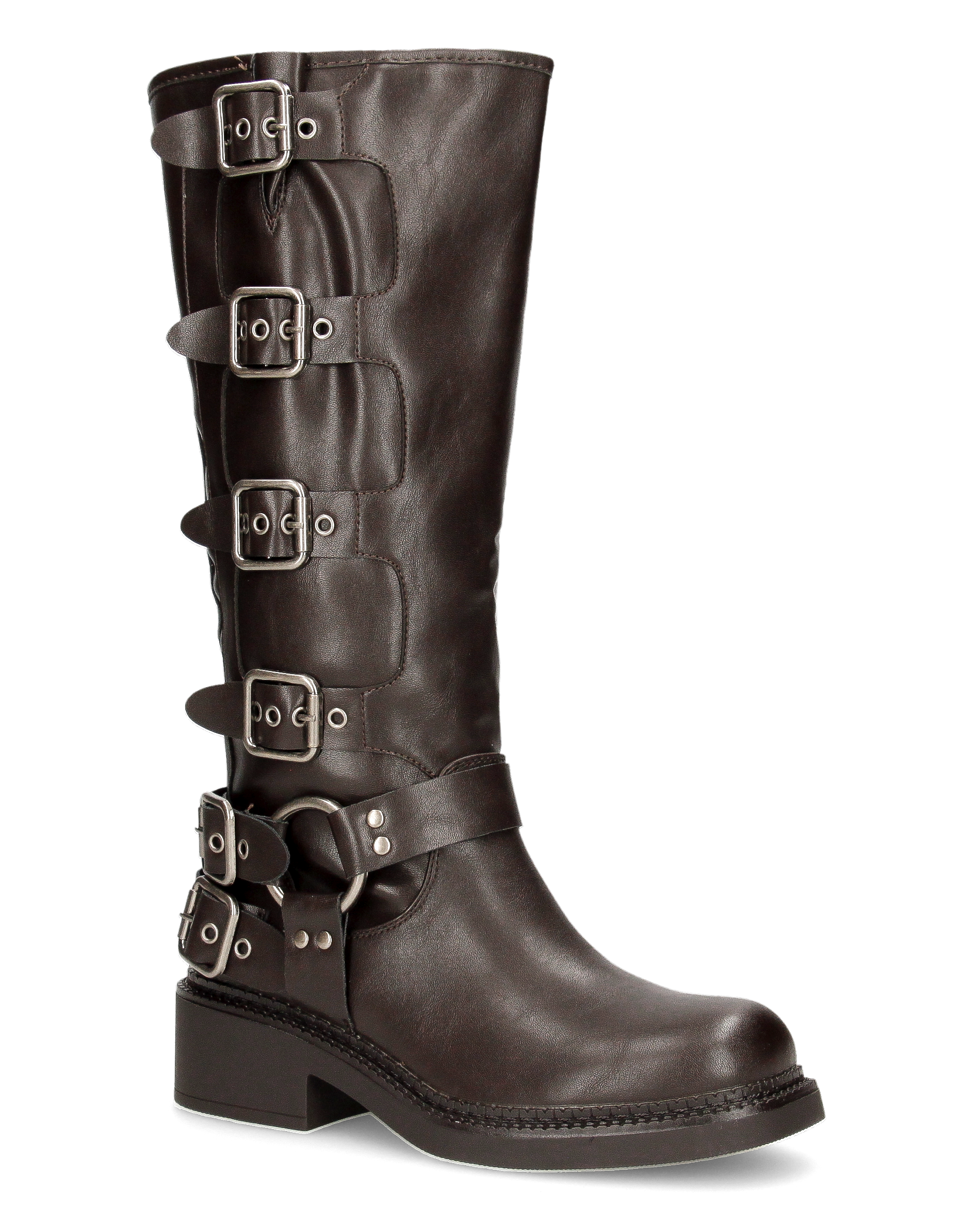KIRA - dark brown tall boots with straps and metallic details