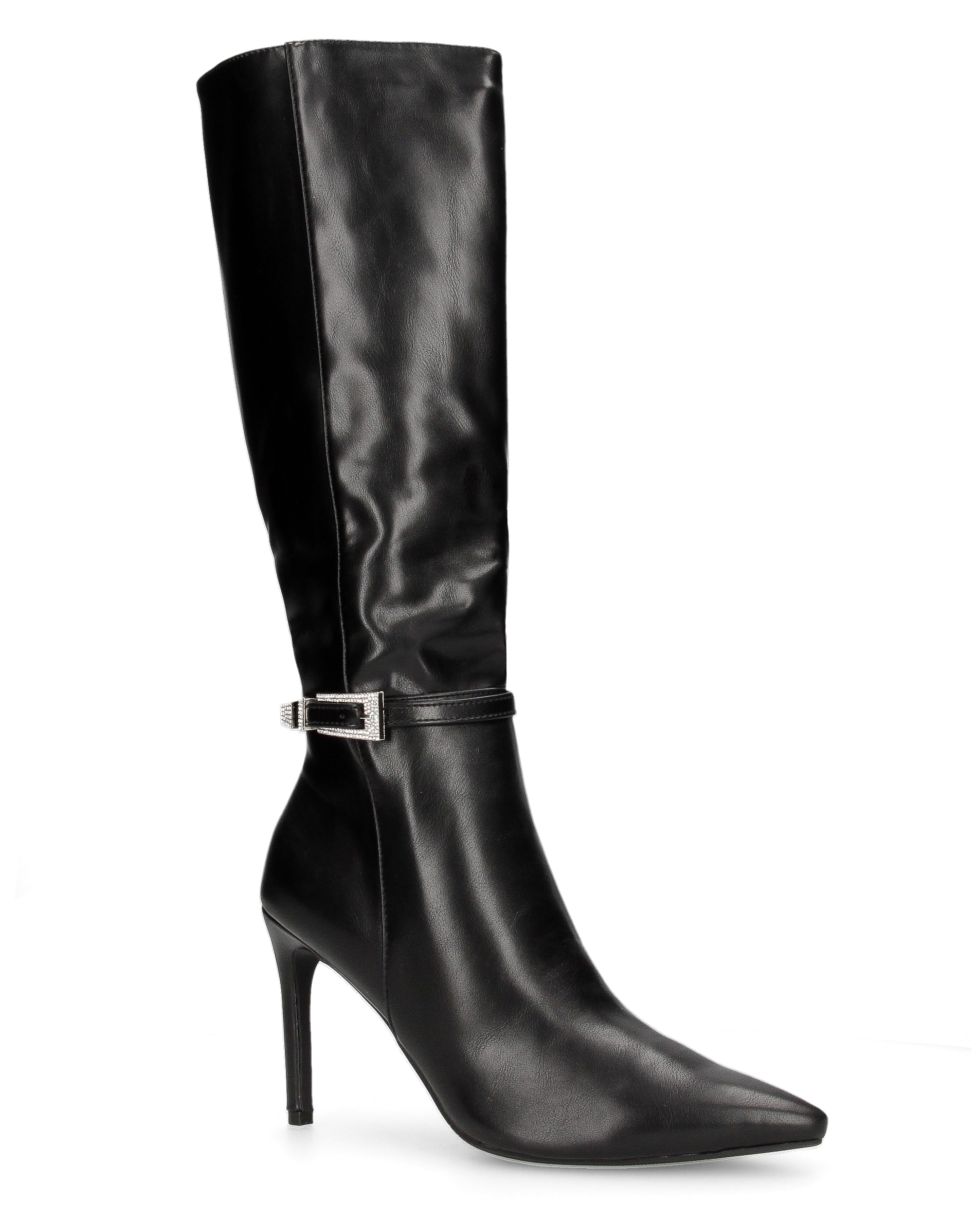 MAKI - black below-the-knee faux leather boot with stiletto heel and jewelled buckle