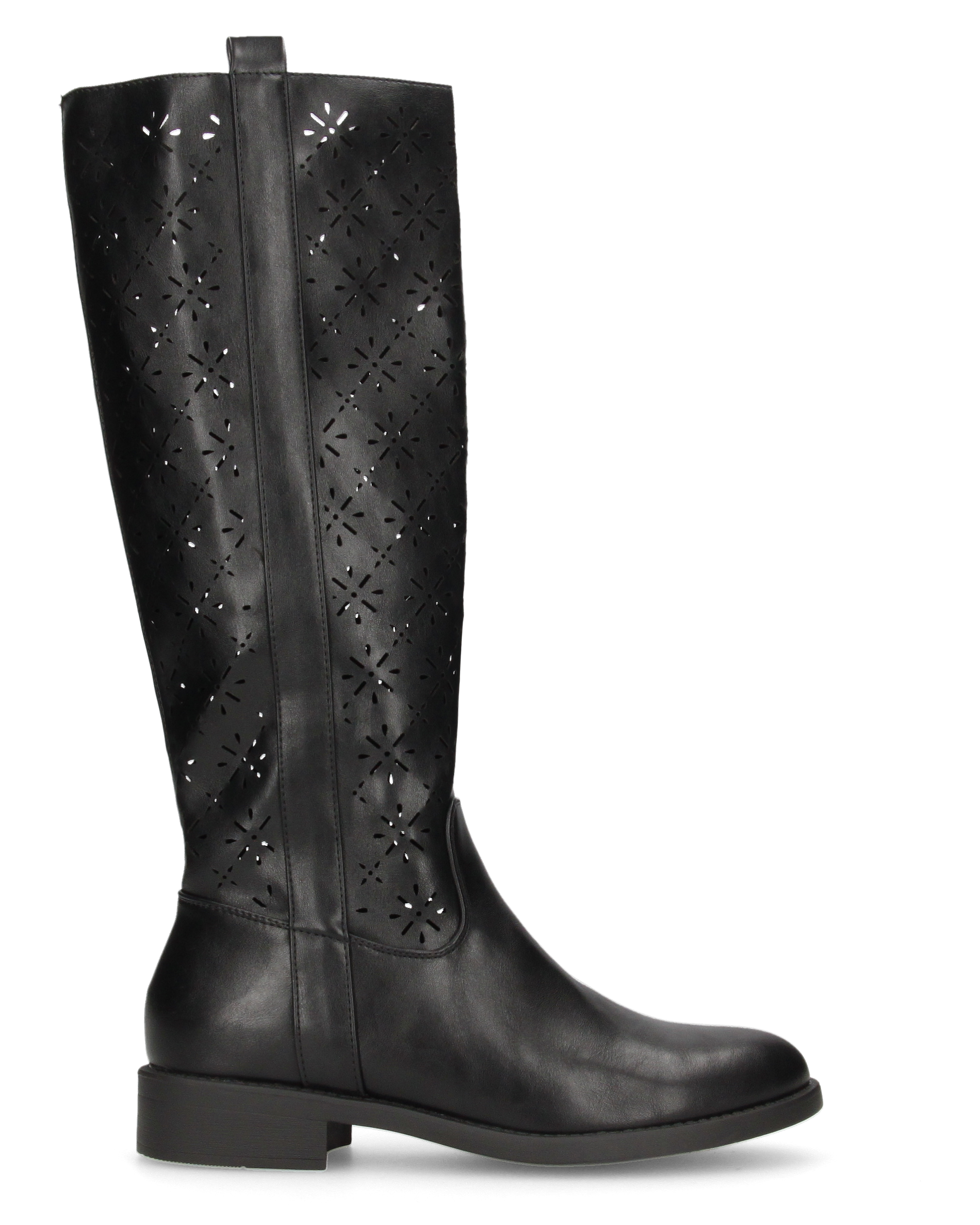 OLGA - black perforated tall boots with side zip closure