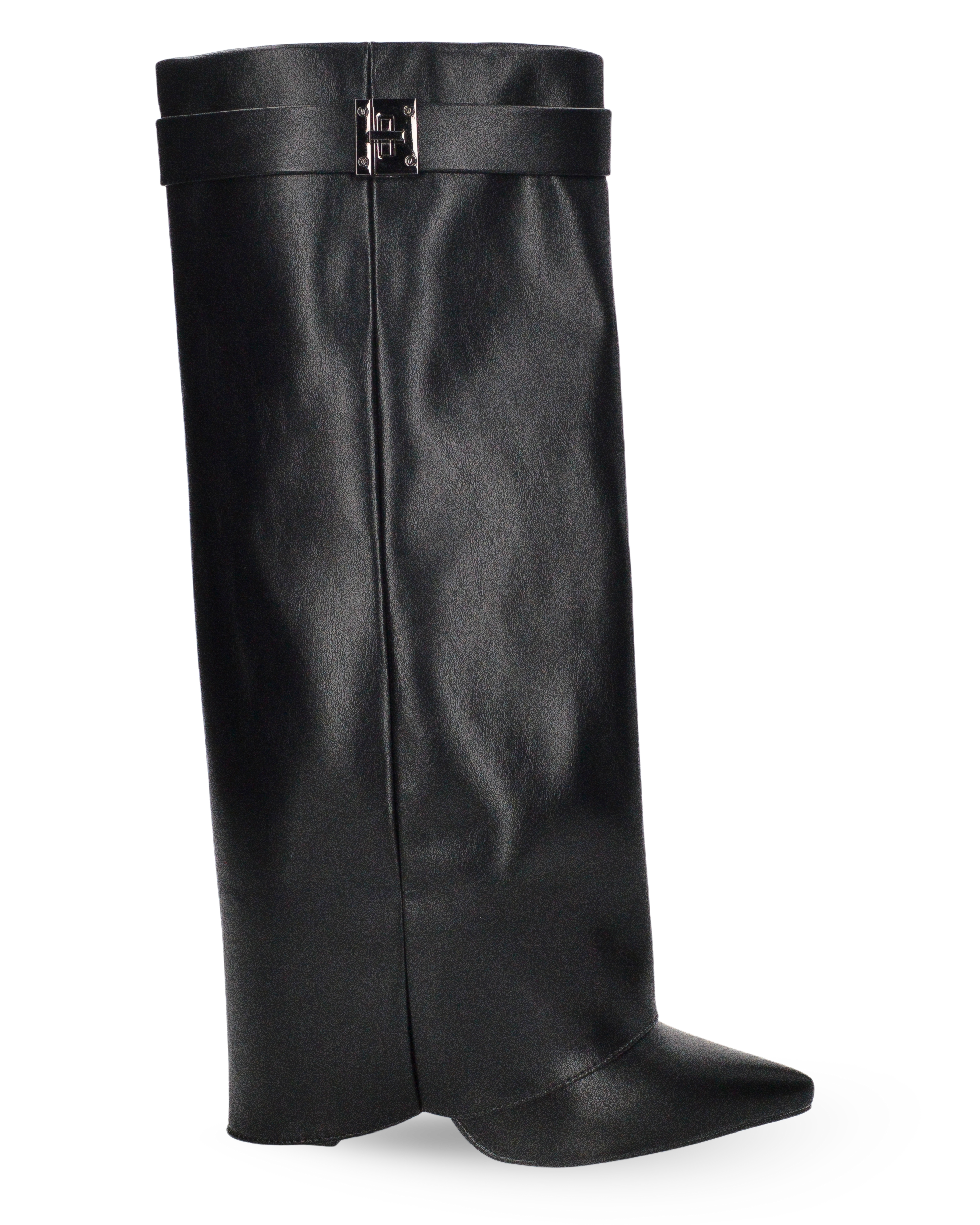 DALY - structured tall boot with hidden heel in black faux leather and silver closure detail