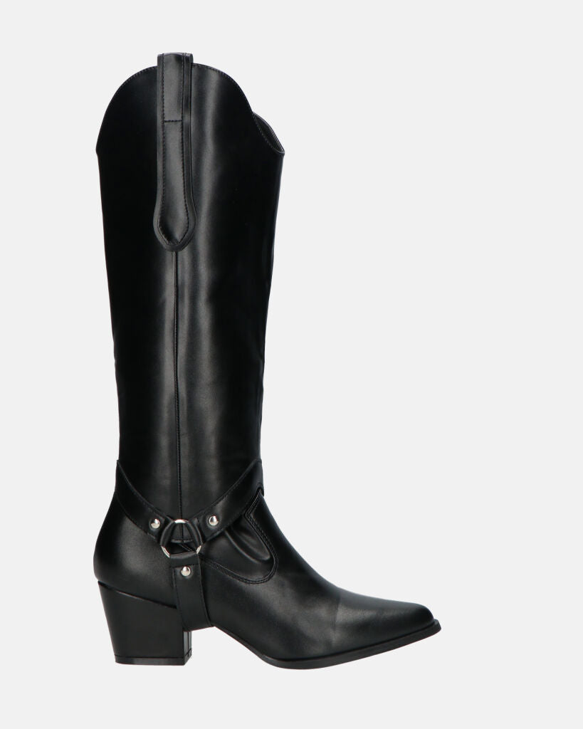2-in-1 - CAMILA - Black Faux Leather Texan Boots with Removable Shaft