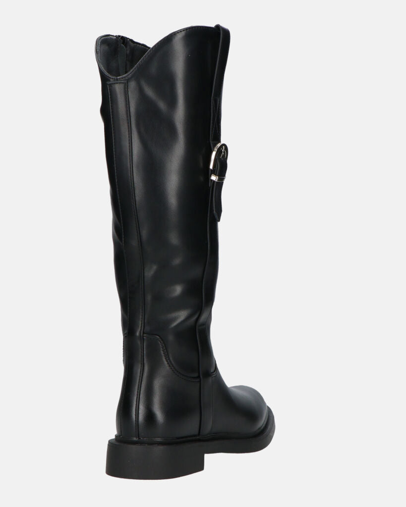 SOFIA - Black Knee-High Boots with Side Zip and Strap