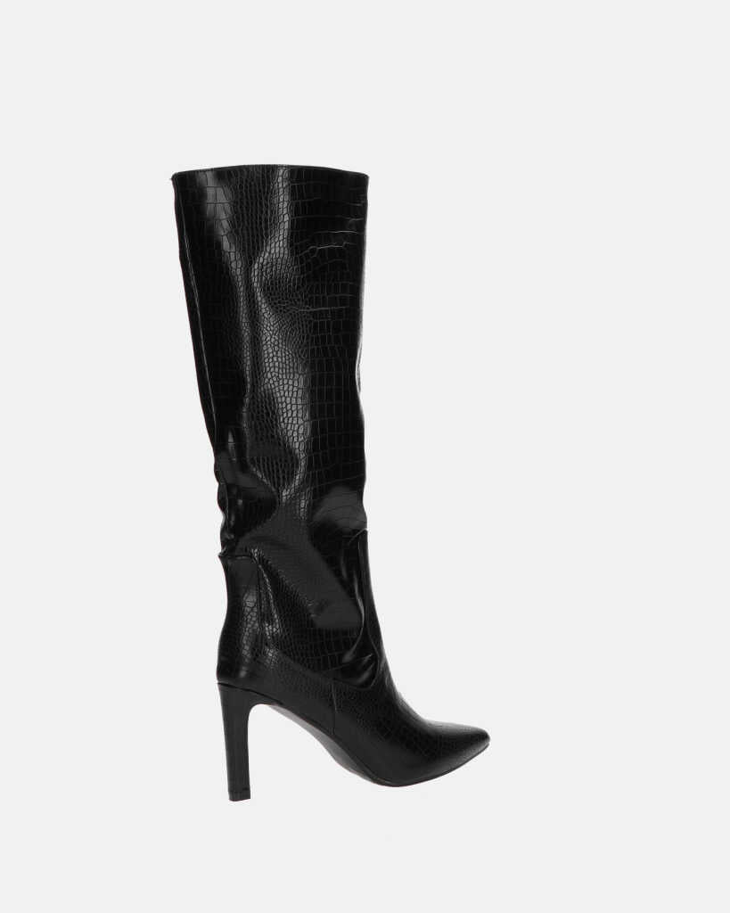 CAROLINE - black snakeskin-effect high-heeled knee-high boot