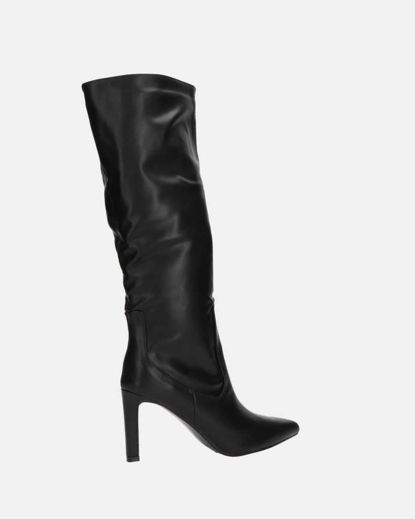 CAROLINE - black tall leather-effect heeled boots