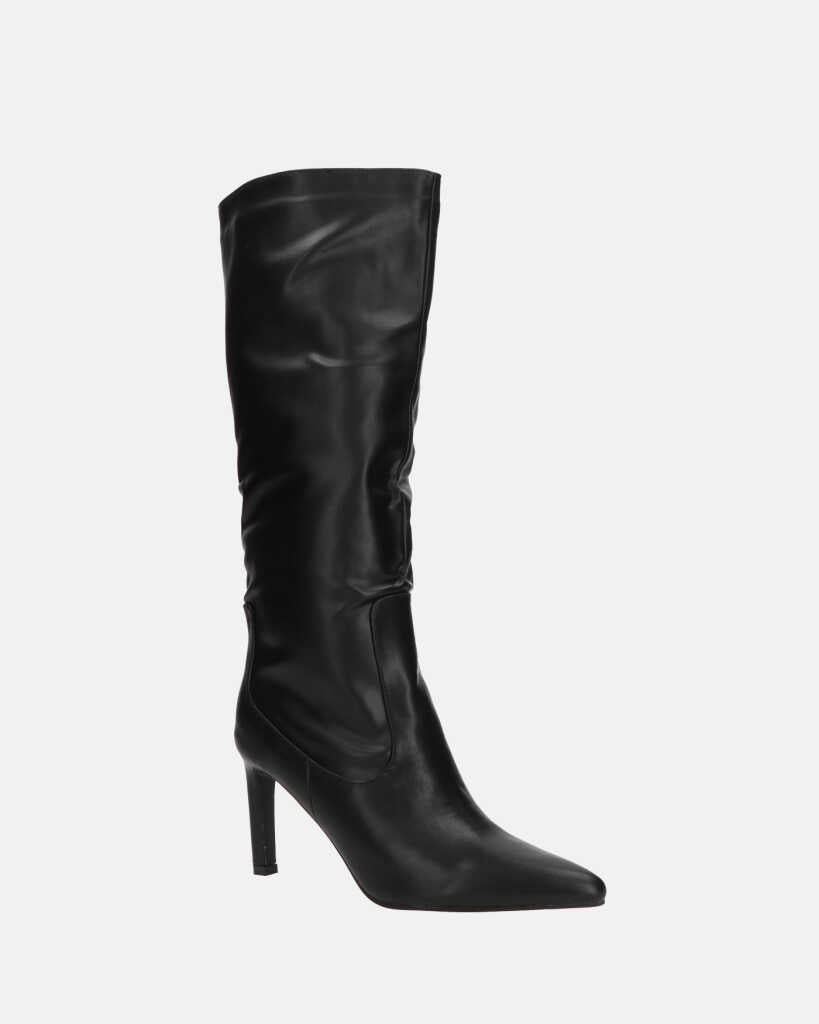 CAROLINE - black tall leather-effect heeled boots