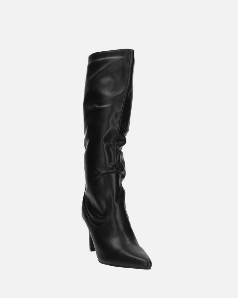 CAROLINE - black tall leather-effect heeled boots