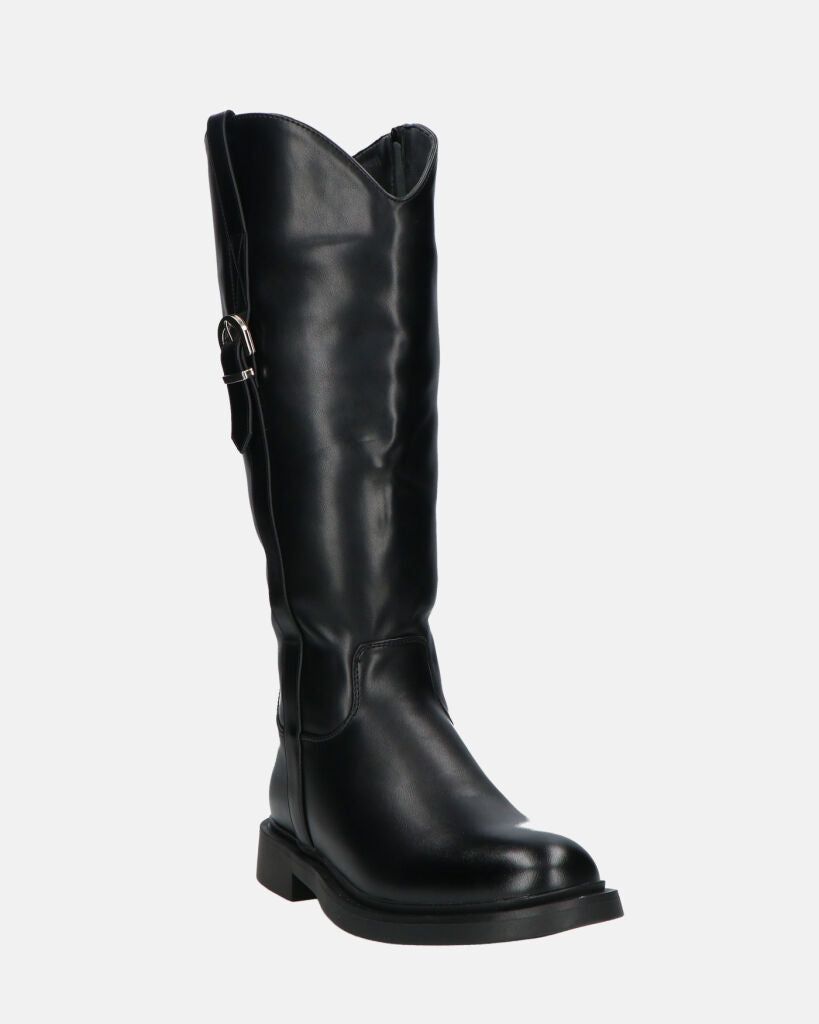 SOFIA - Black Knee-High Boots with Side Zip and Strap