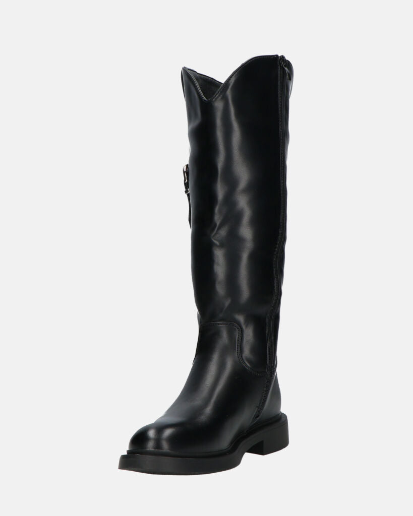 SOFIA - Black Knee-High Boots with Side Zip and Strap