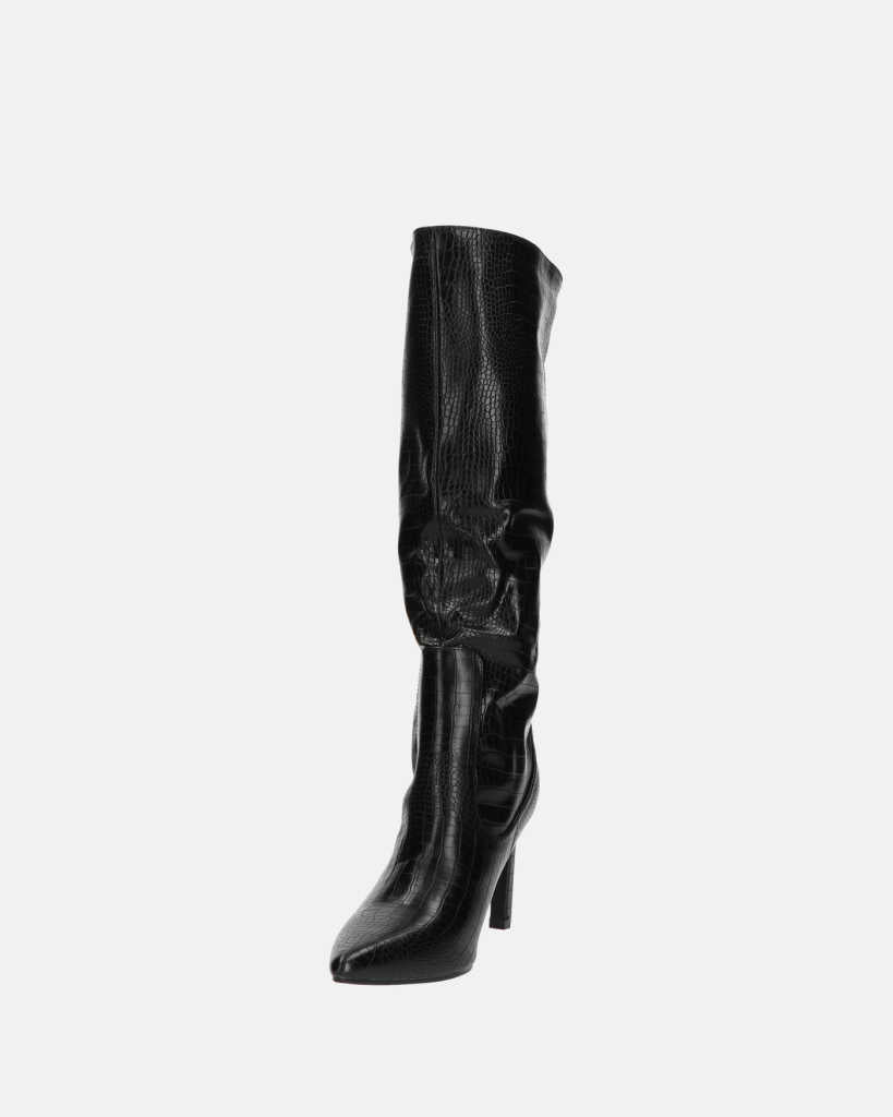CAROLINE - black snakeskin-effect high-heeled knee-high boot