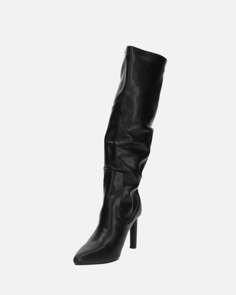 CAROLINE - black tall leather-effect heeled boots