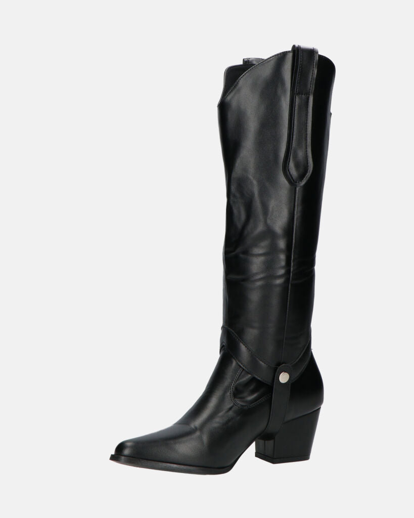2-in-1 - CAMILA - Black Faux Leather Texan Boots with Removable Shaft