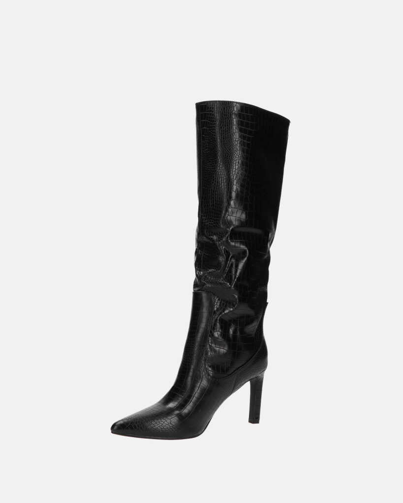 CAROLINE - black snakeskin-effect high-heeled knee-high boot