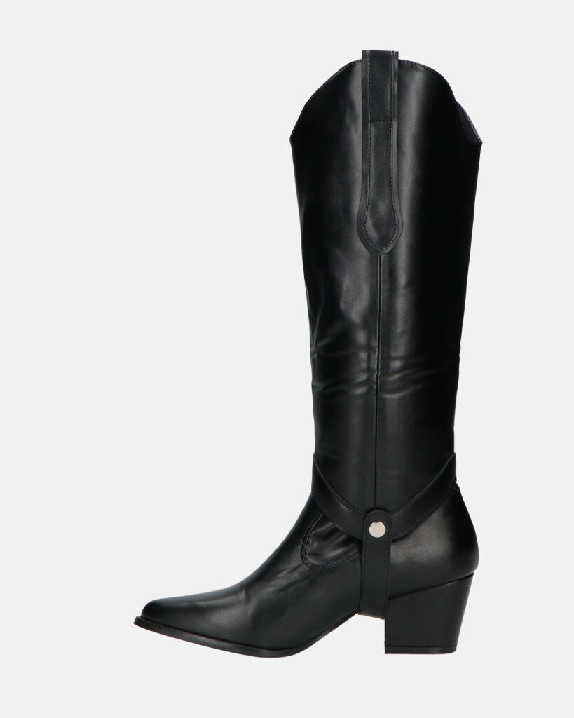 2-in-1 - CAMILA - Black Faux Leather Texan Boots with Removable Shaft