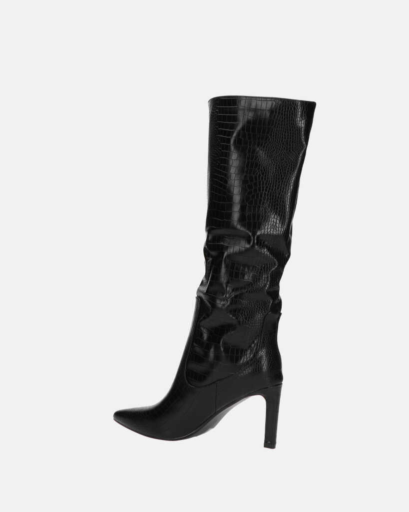 CAROLINE - black snakeskin-effect high-heeled knee-high boot