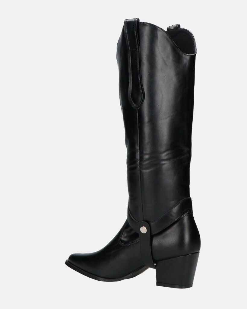 2-in-1 - CAMILA - Black Faux Leather Texan Boots with Removable Shaft