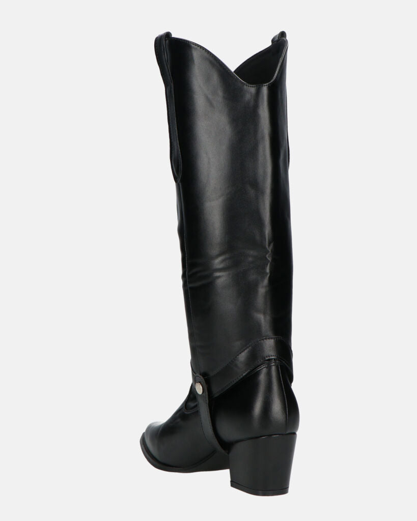 2-in-1 - CAMILA - Black Faux Leather Texan Boots with Removable Shaft