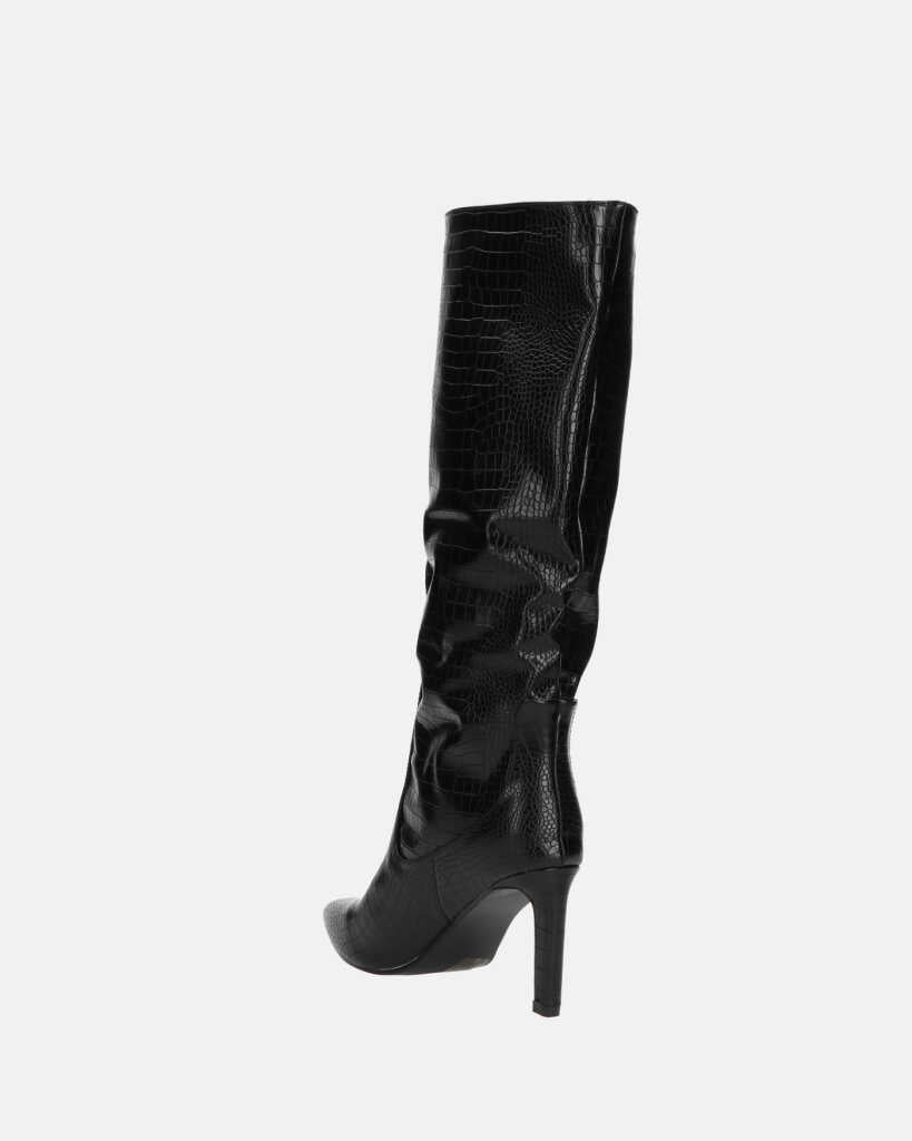 CAROLINE - black snakeskin-effect high-heeled knee-high boot