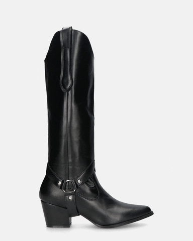 2-in-1 - CAMILA - Black Faux Leather Texan Boots with Removable Shaft