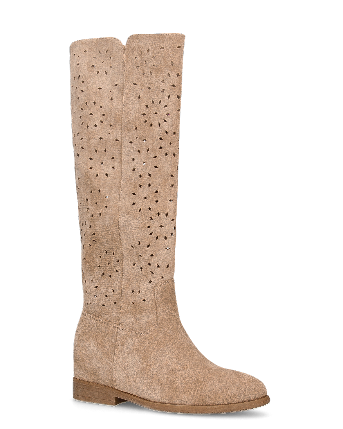 AKEMI - beige perforated faux suede tall boots with internal wedge