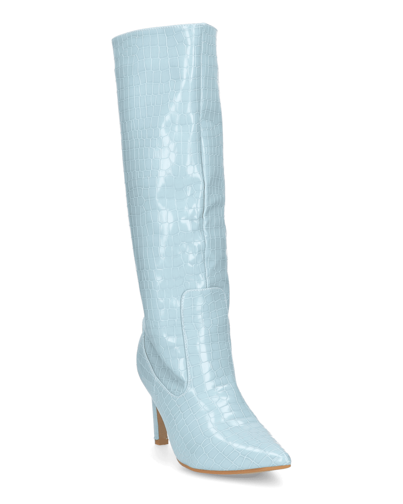 CAROLINE - Tall Heeled Boots in Light Blue Crocodile Effect