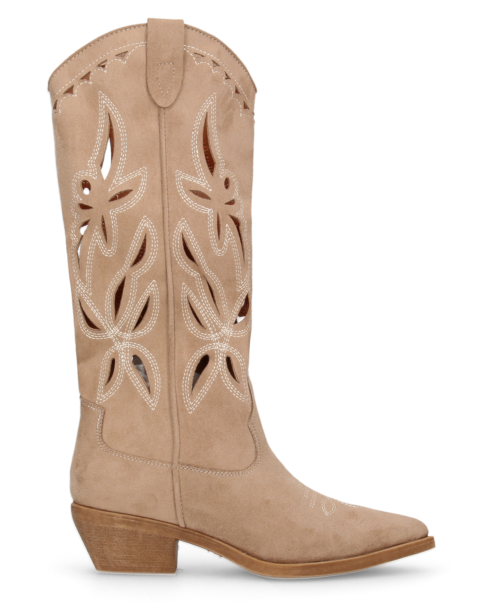 RISA - beige tall suede-effect Western boots with embroidery and laser-cut detailing