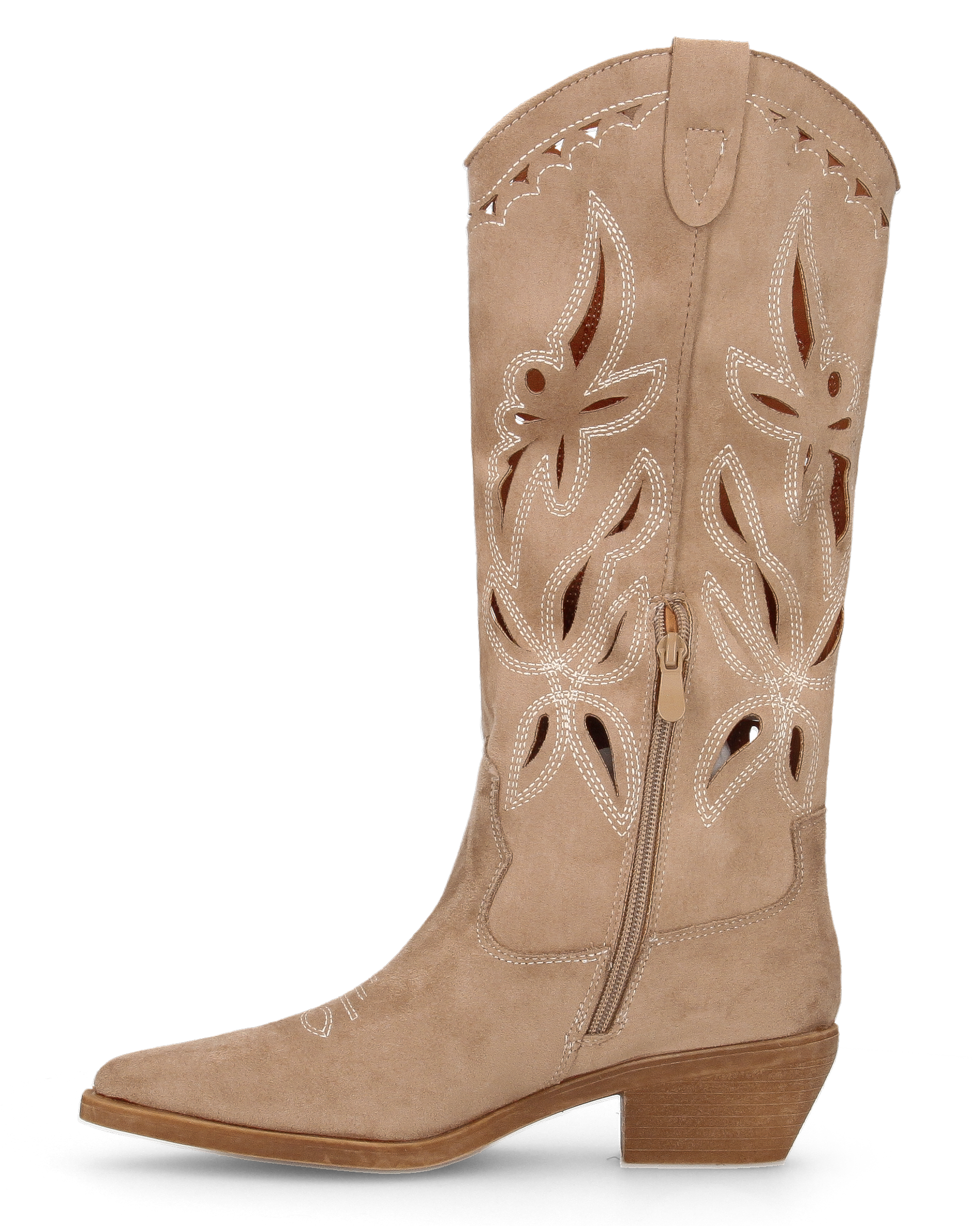 RISA - beige tall suede-effect Western boots with embroidery and laser-cut detailing