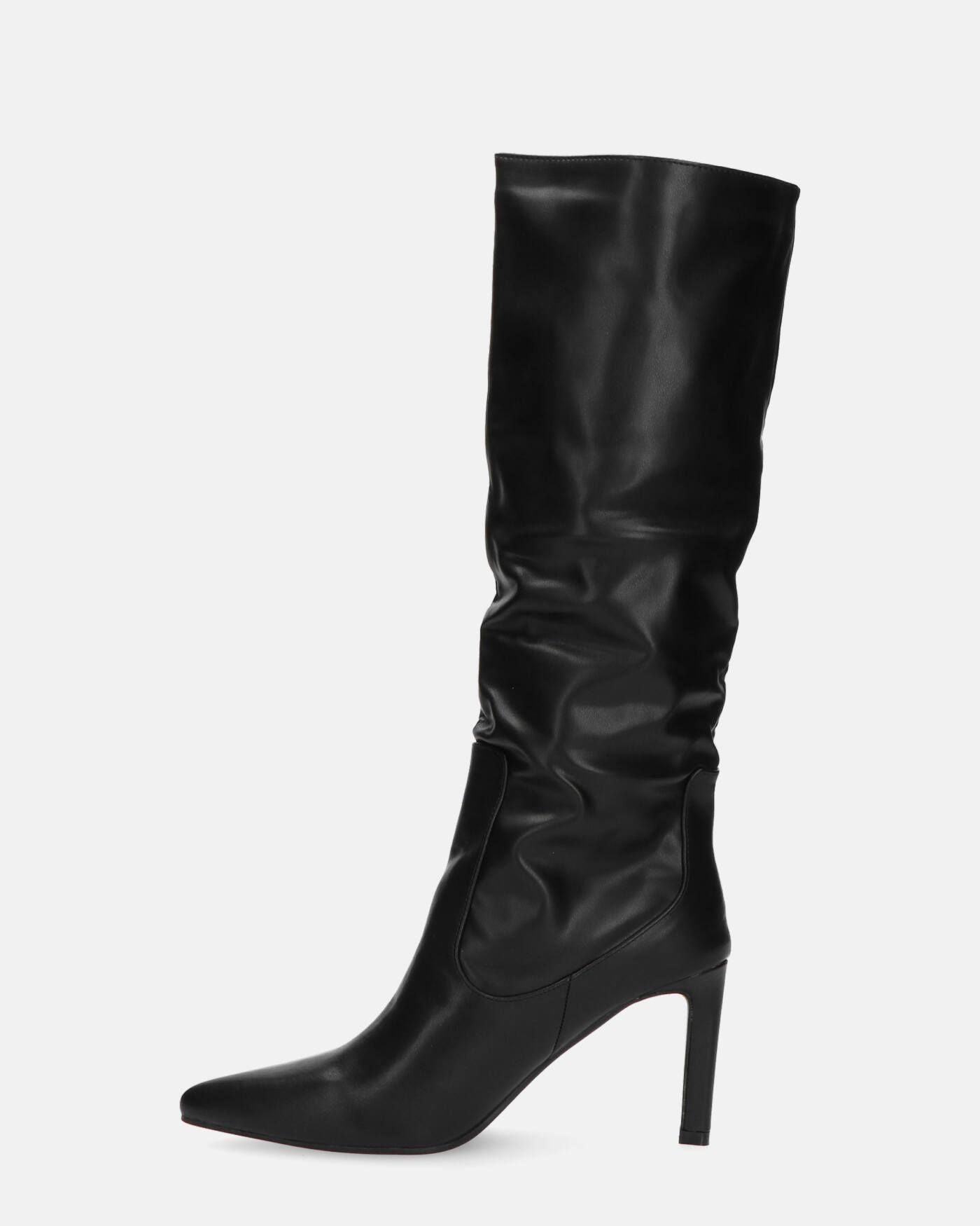 CAROLINE - black tall leather-effect heeled boots