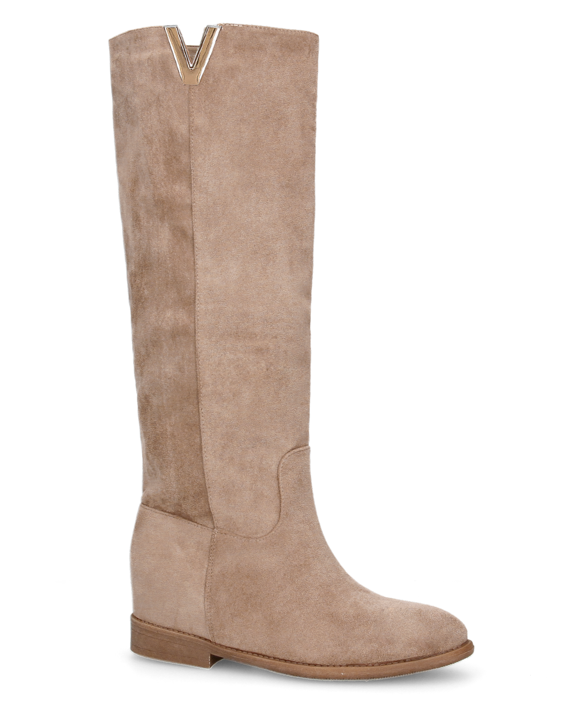 ANTEA - beige suede tall boots with internal wedge and gold trim