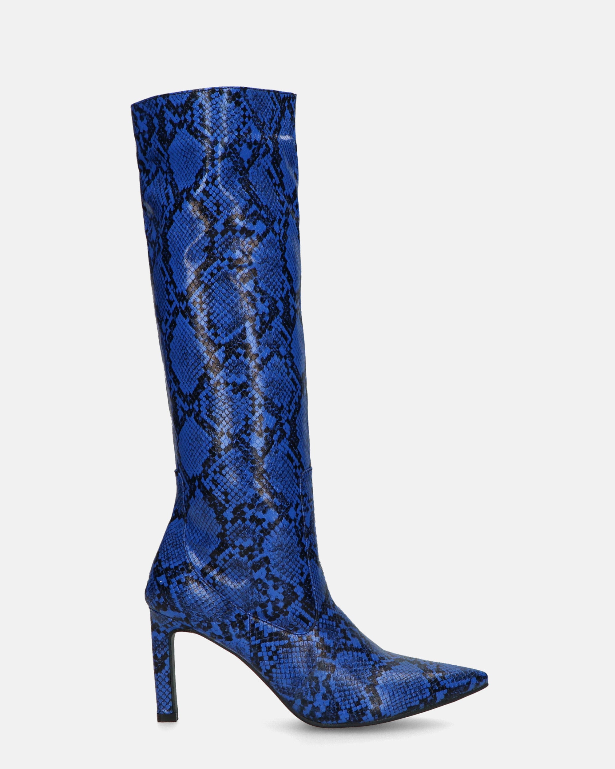 CAROLINE - Tall Heeled Boots in Blue Python Effect