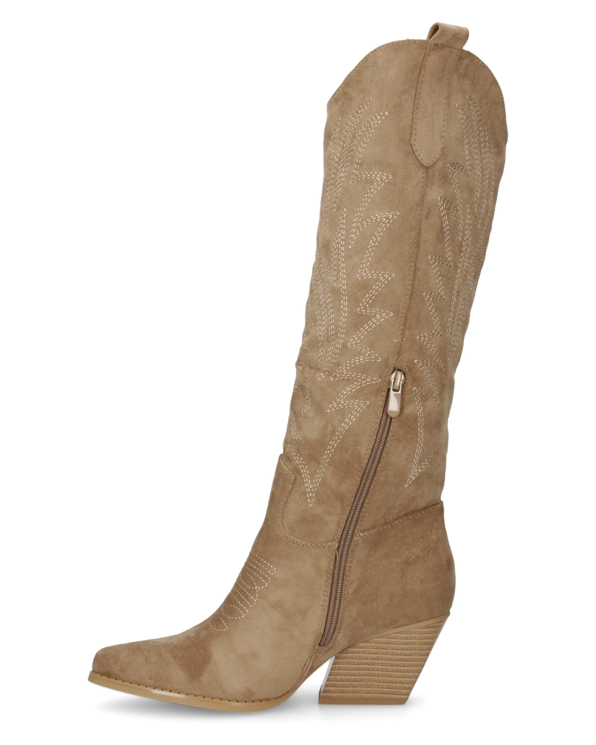 CHRYSA - tall khaki Western boots with embroidered designs and zip closure