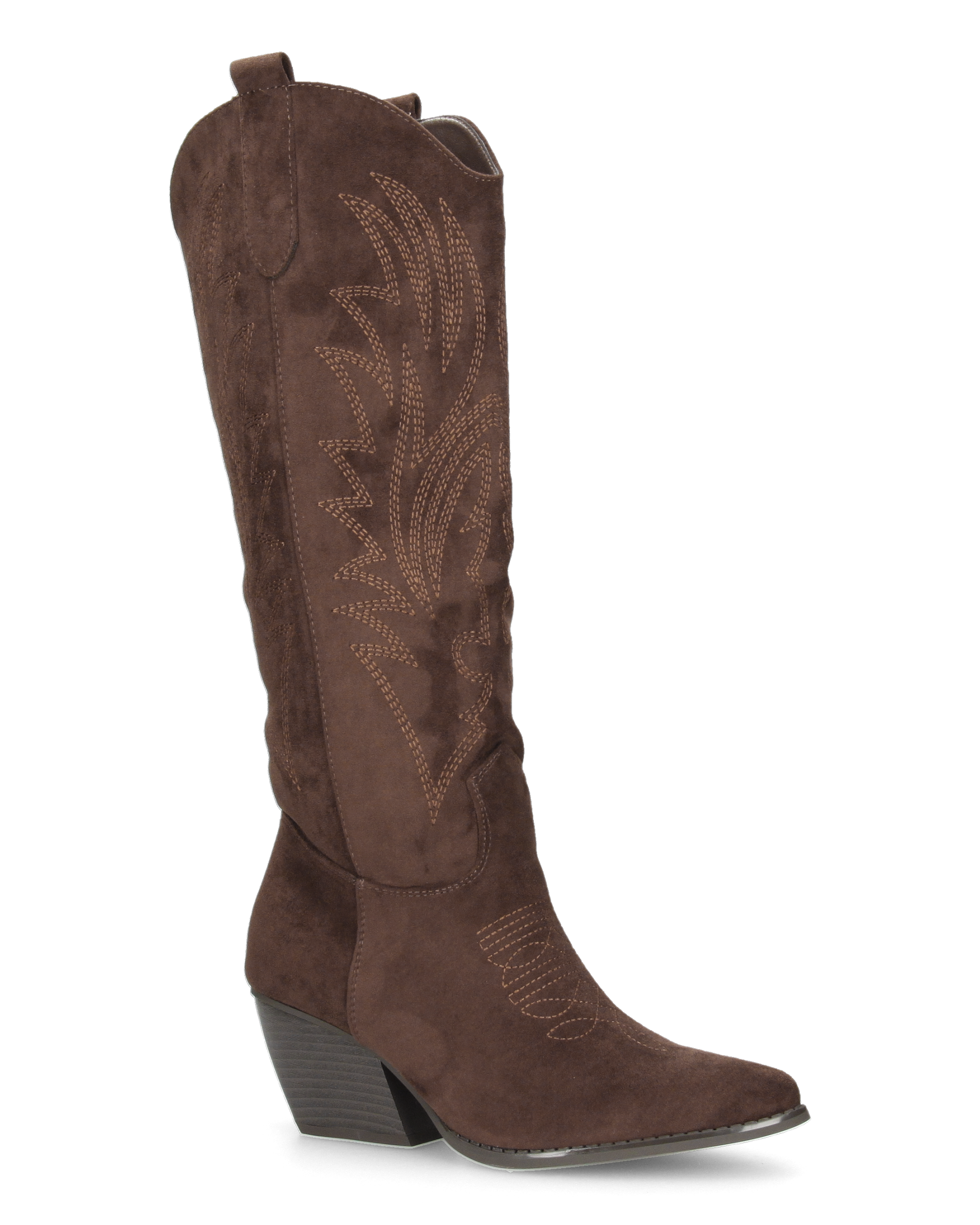 CHRYSA - tall brown Western boots with embroidered designs and zip closure