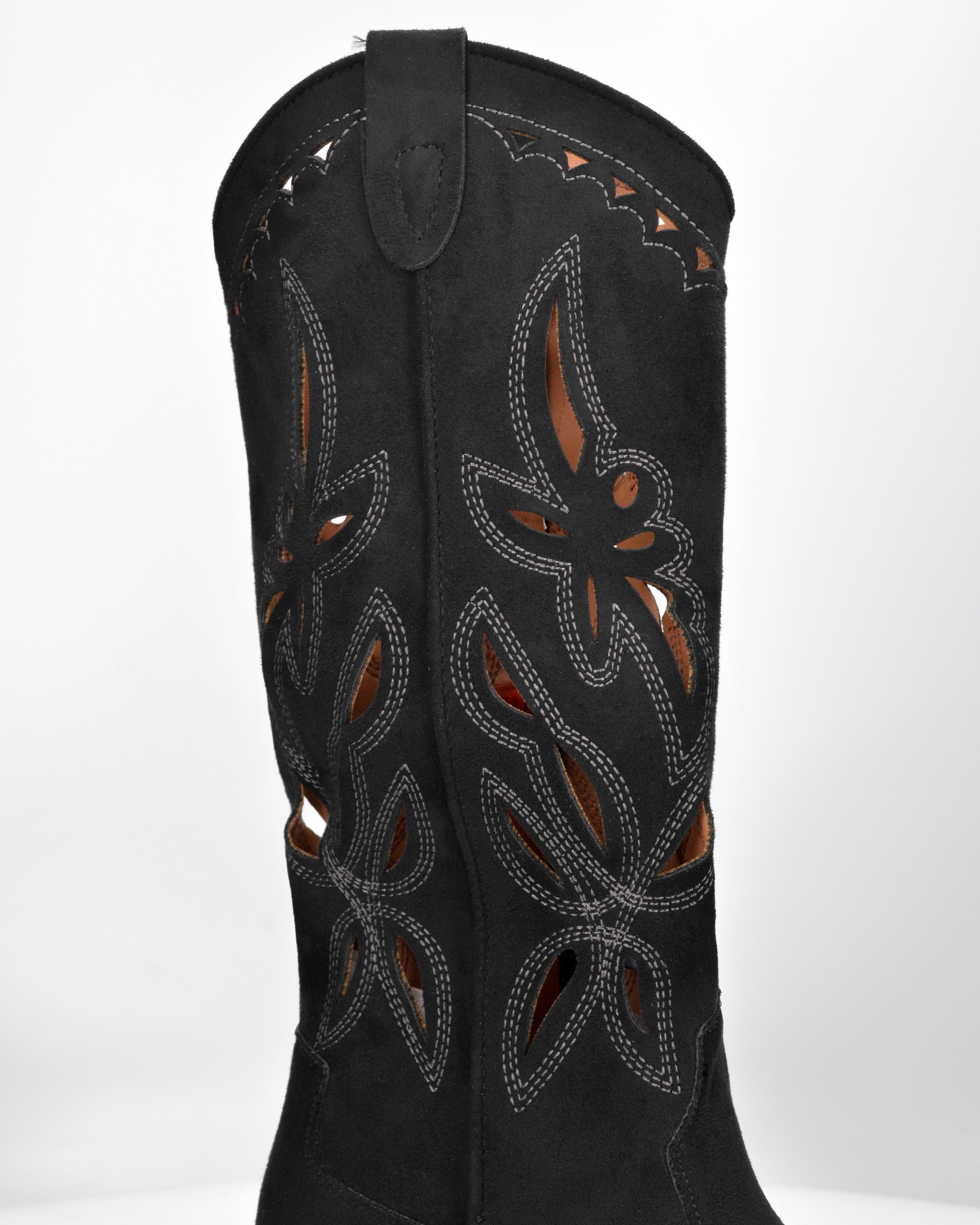RISA - black tall suede-effect Western boots with embroidery and laser-cut detailing
