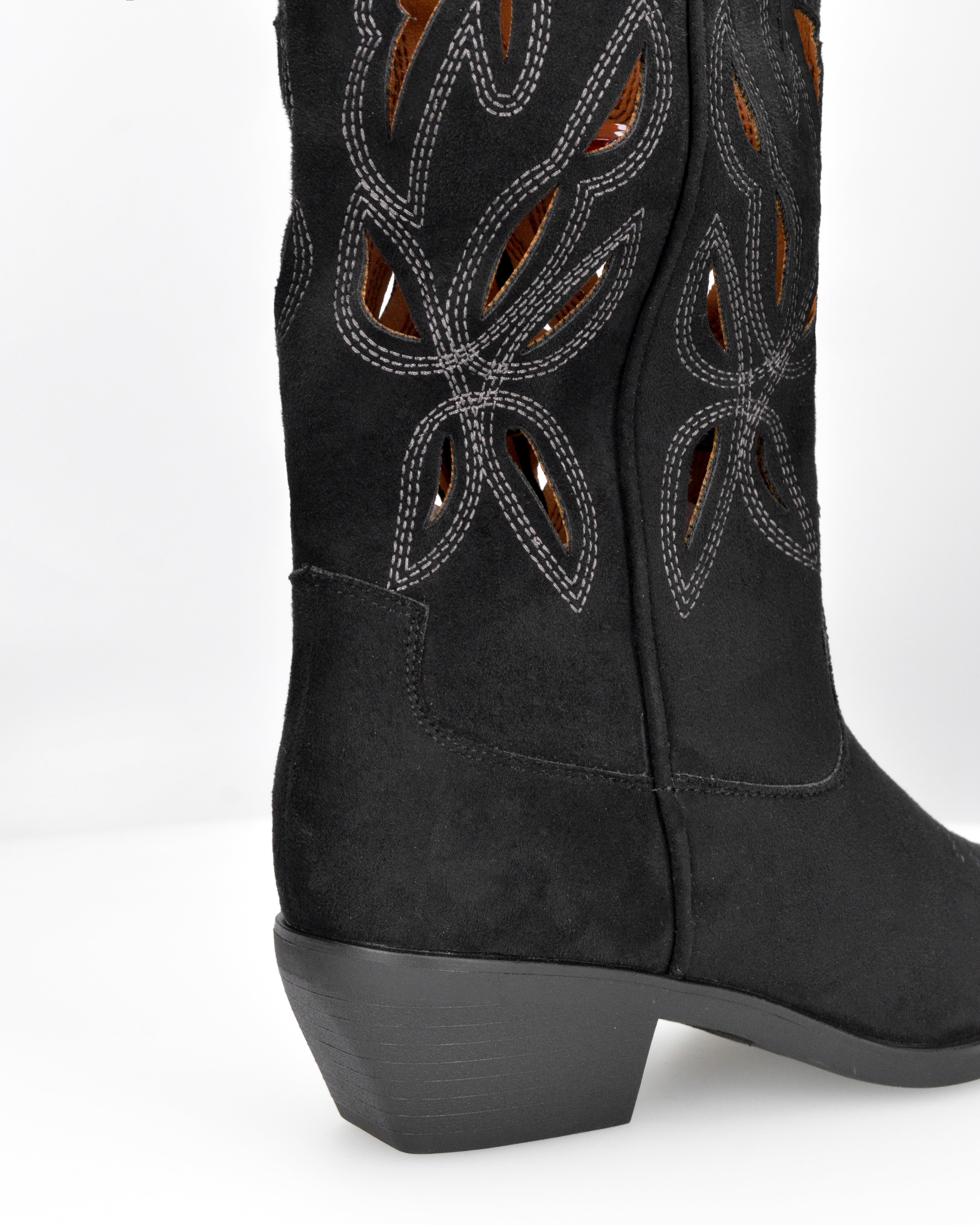 RISA - black tall suede-effect Western boots with embroidery and laser-cut detailing
