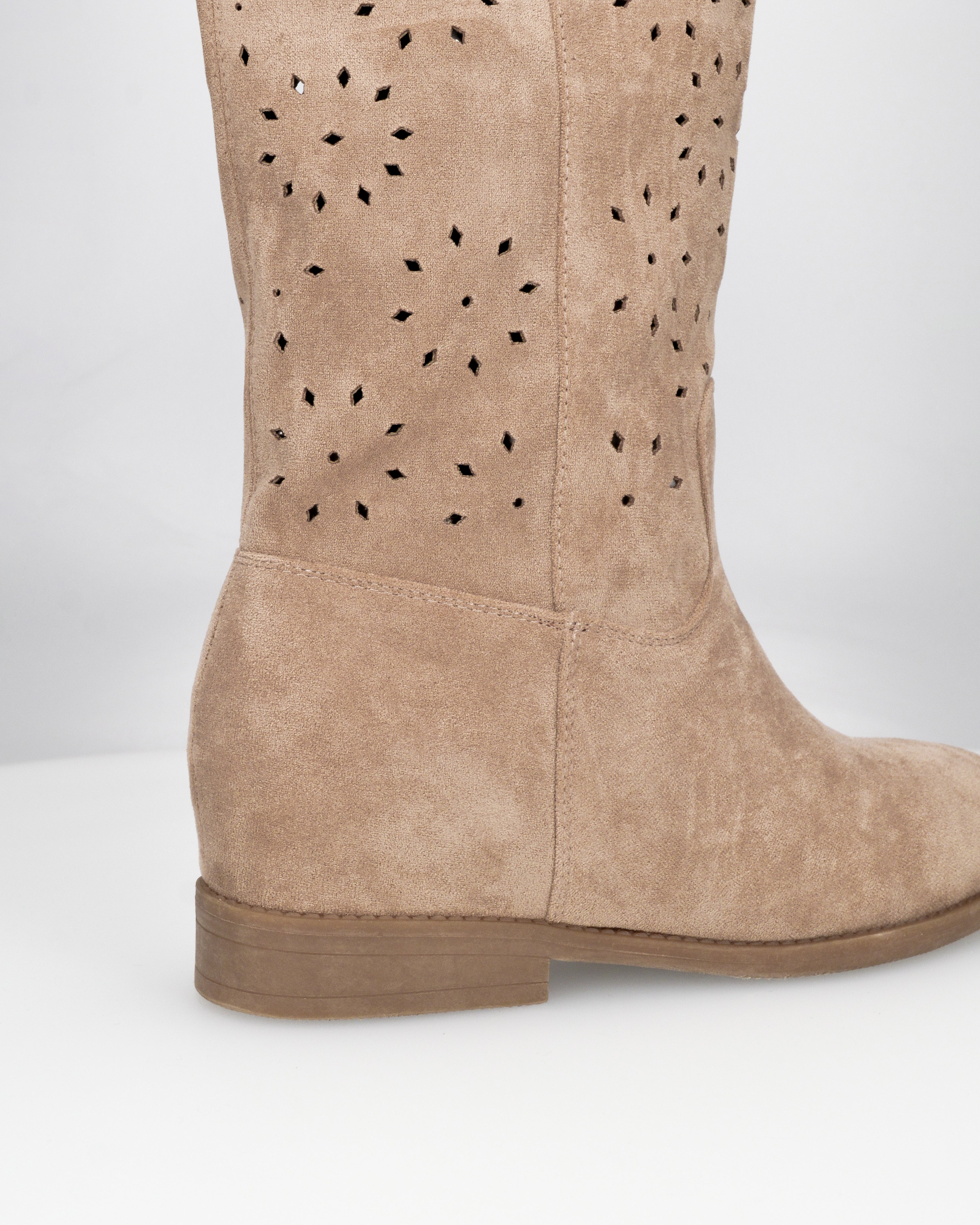 AKEMI - beige perforated faux suede tall boots with internal wedge